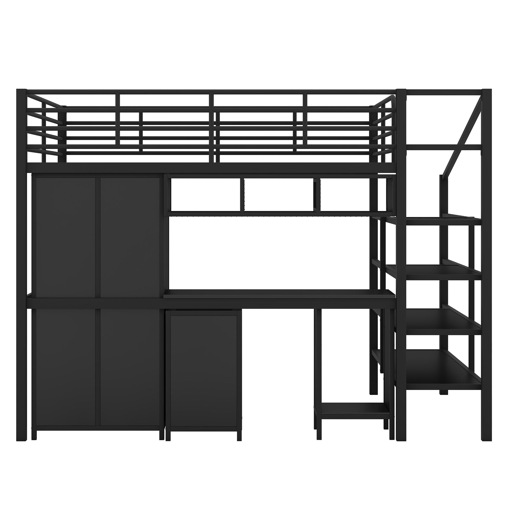 Metal Loft Bed With Table Set And Wardrobe, Full, Black Black Metal