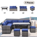 Outdoor Patio Furniture Set,7 Pieces Outdoor Sectional Conversation Sofa With Dining Table,Chairs And Ottomans,All Weather Pe Rattan And Steel Frame,With Backrest And Removable Cushions Grey Blue Yes Dining Set Grey Blue Weather Resistant Frame Garden &