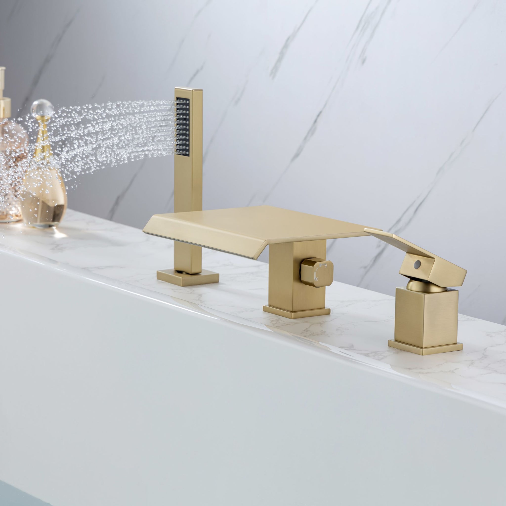 Waterfall Roman Tub Faucet with Hand Shower High Flow one-brushed gold-deck-mounted-cartridge