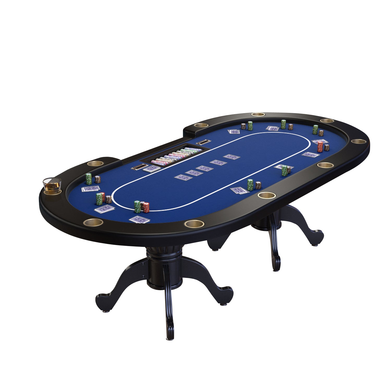 96" Oval Blue Aura Texas Holdem Poker Table Curved Legs Casino Dropbox Blue Wood