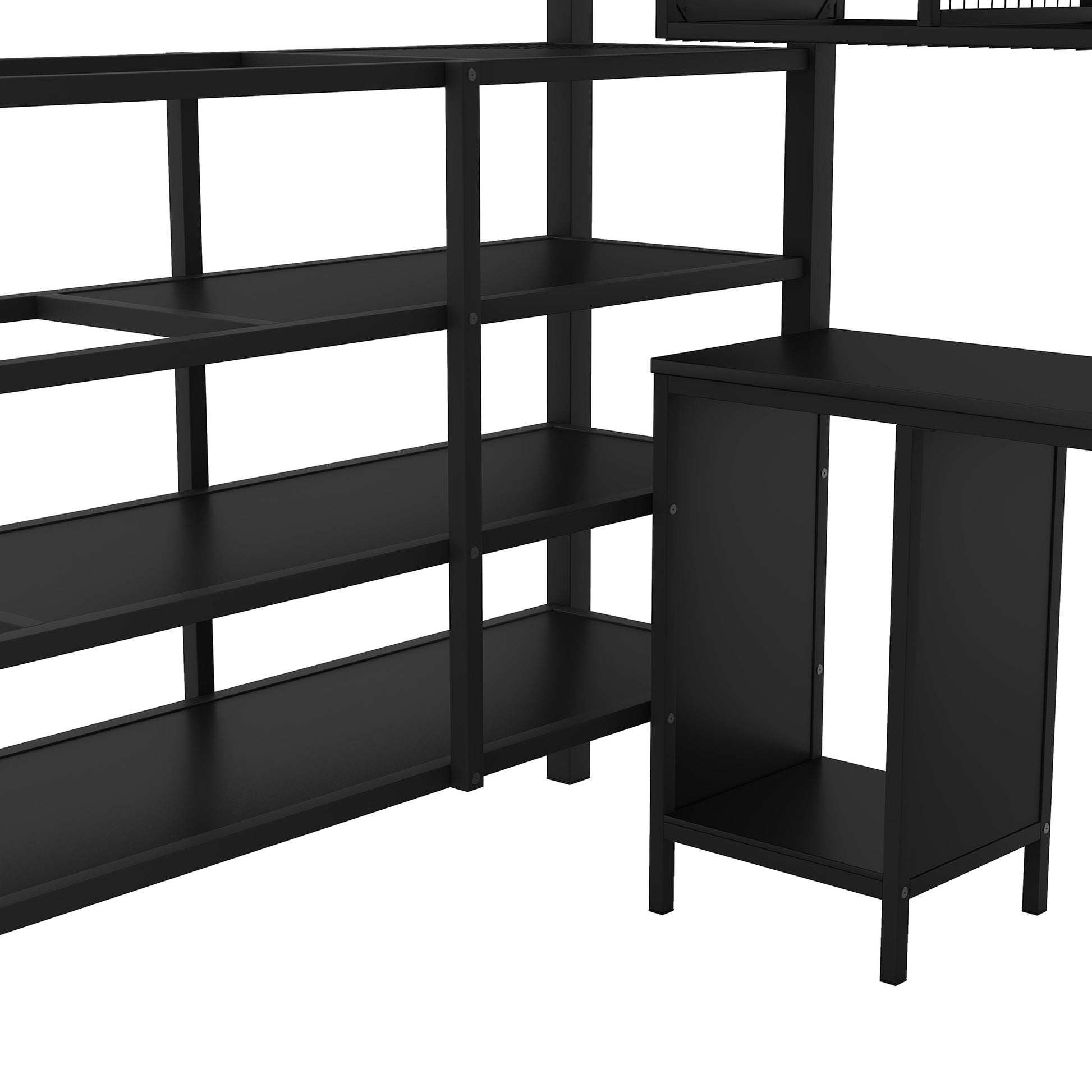 Metal Loft Bed With Table Set And Wardrobe, Full, Black Black Metal