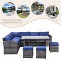 Outdoor Patio Furniture Set,7 Pieces Outdoor Sectional Conversation Sofa With Dining Table,Chairs And Ottomans,All Weather Pe Rattan And Steel Frame,With Backrest And Removable Cushions Grey Blue Yes Dining Set Grey Blue Weather Resistant Frame Garden &