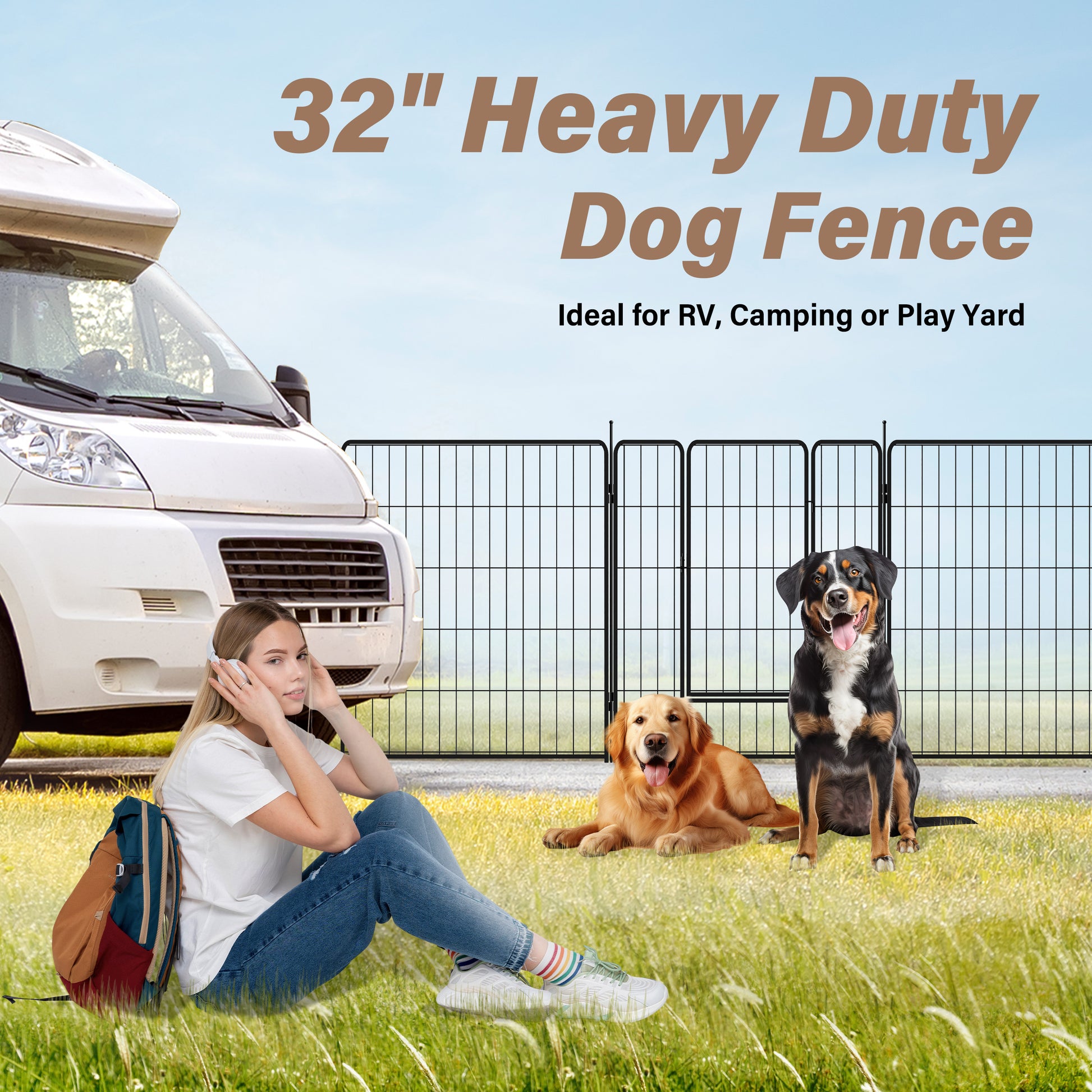 Dog Playpen Indoor Outdoor, 32" Height 8 Panels Fence With Anti Rust Coating, Metal Heavy Portable Foldable Dog Pen For Large, Medium Small Dogs Rv Yard Camping Black Metal