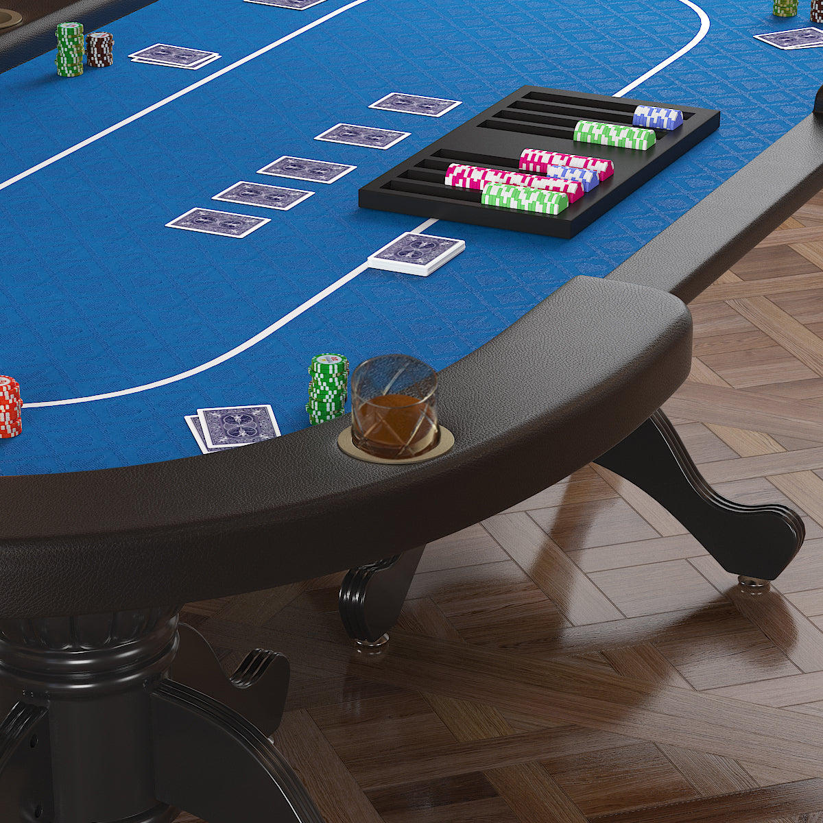 96" Oval Blue Aura Texas Holdem Poker Table Curved Legs Casino Dropbox Blue Wood