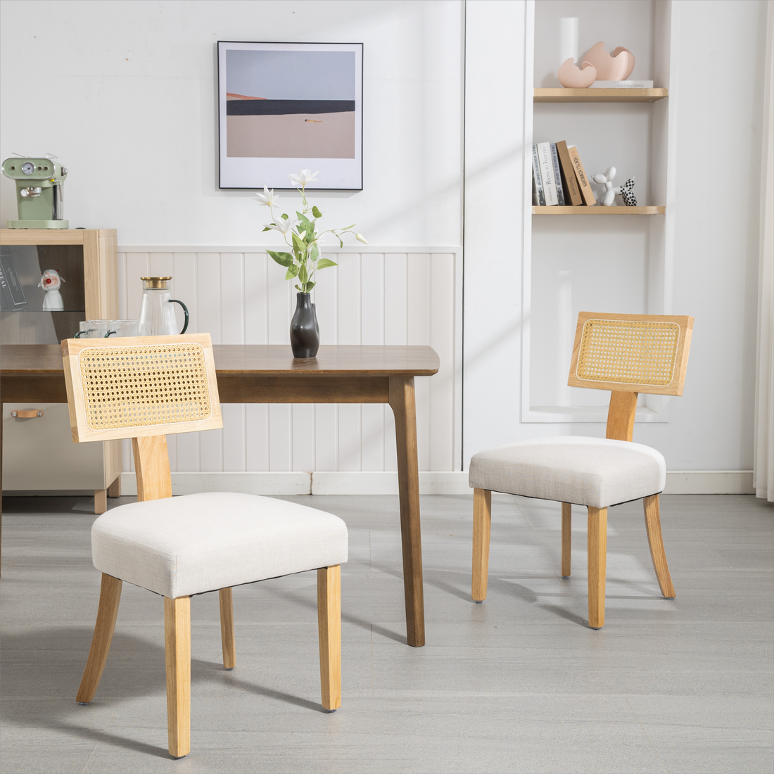 Heng Ming T back imitation rattan dining chair, linen beige-fabric