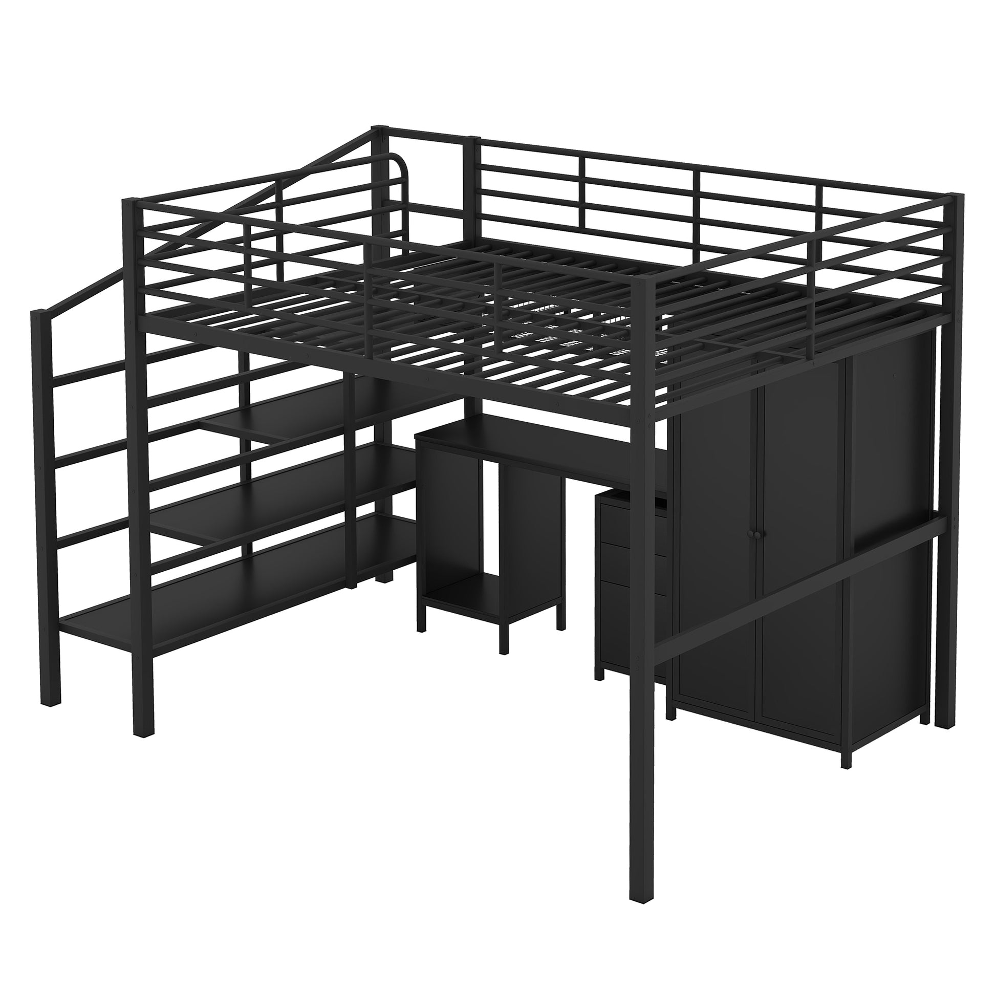 Metal Loft Bed With Table Set And Wardrobe, Full, Black Black Metal