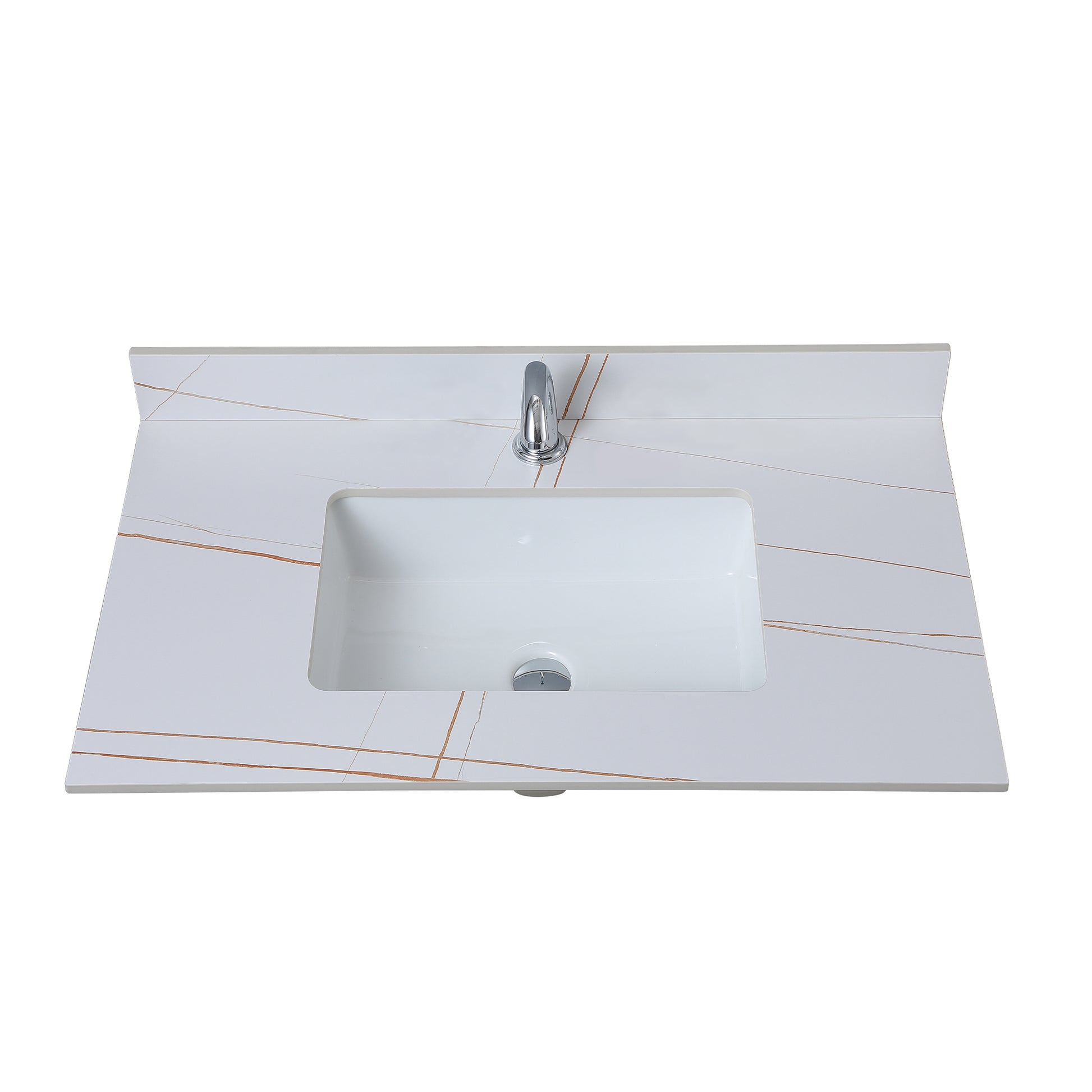 37Inch Bathroom Vanity Top Stone White Gold Style Tops With Rectangle Undermount Ceramic Sink And Single Faucet Hole White Sintered Stone