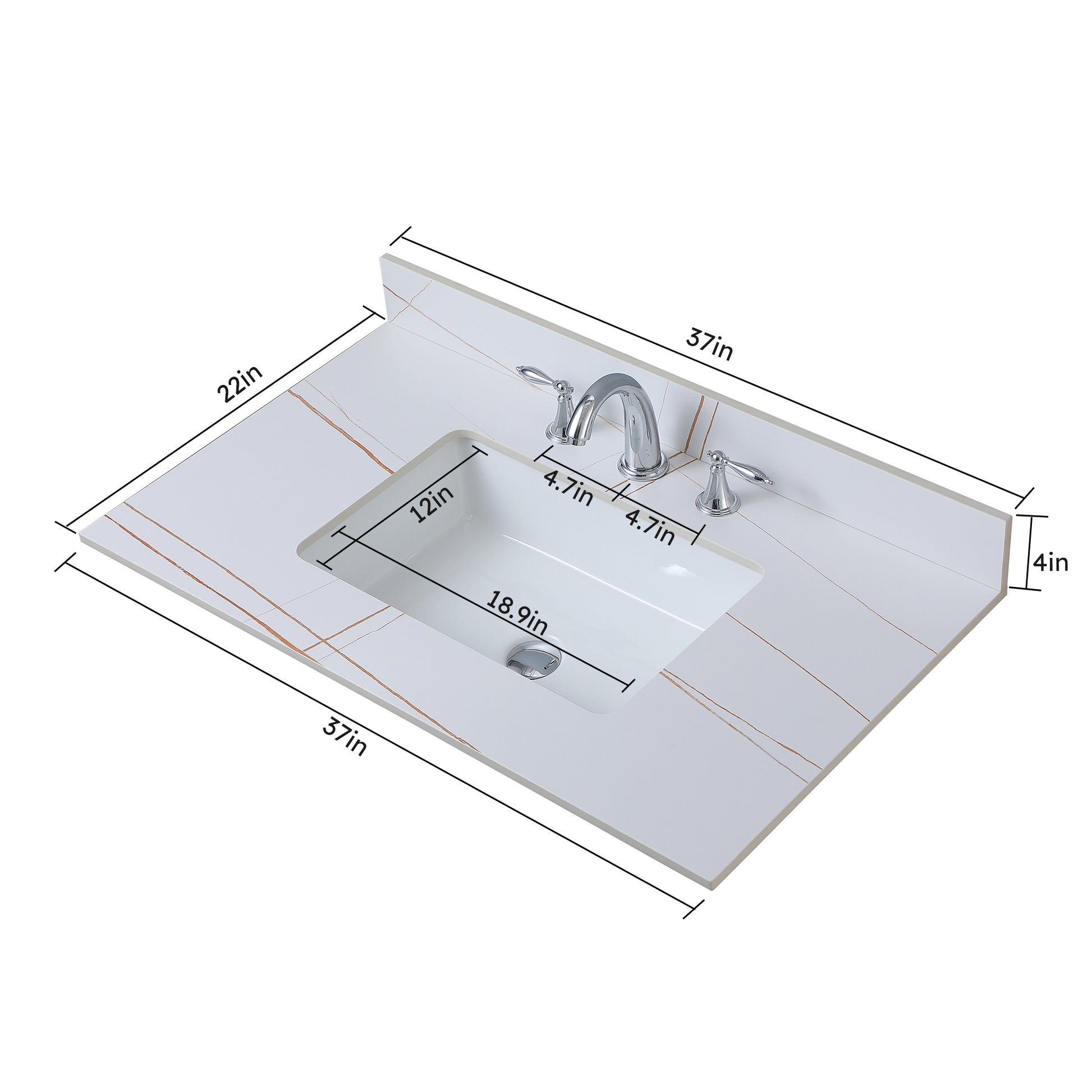 37Inch Bathroom Vanity Top Stone White Gold Style Tops With Rectangle Undermount Ceramic Sink And Three Faucet Hole White Sintered Stone