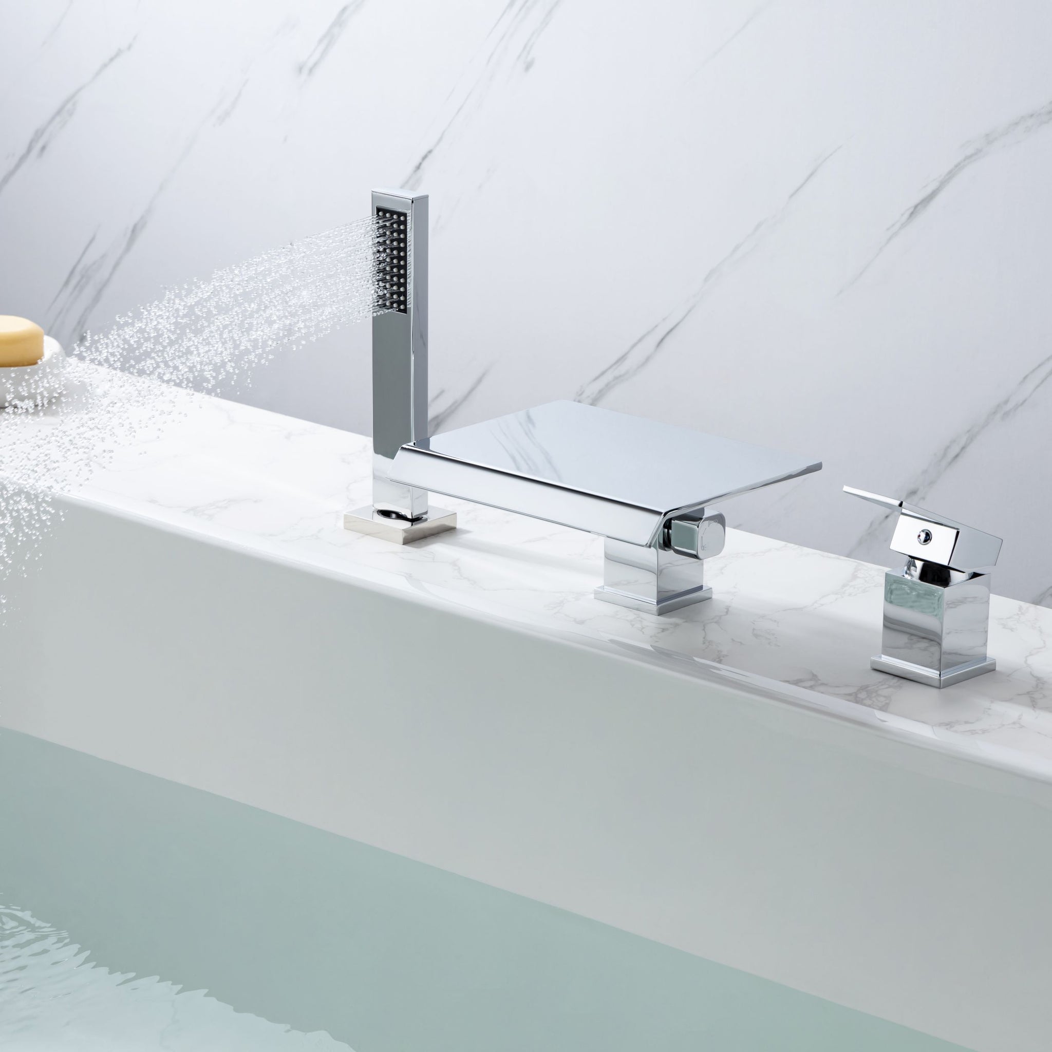 Waterfall Roman Tub Faucet with Hand Shower High Flow one-chrome-deck-mounted-cartridge