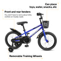 Kids Bike 16 Inch For Boys & Girls With Training Wheels, Freestyle Kids' Bicycle With Bell,Basket And Fender. Blue Steel