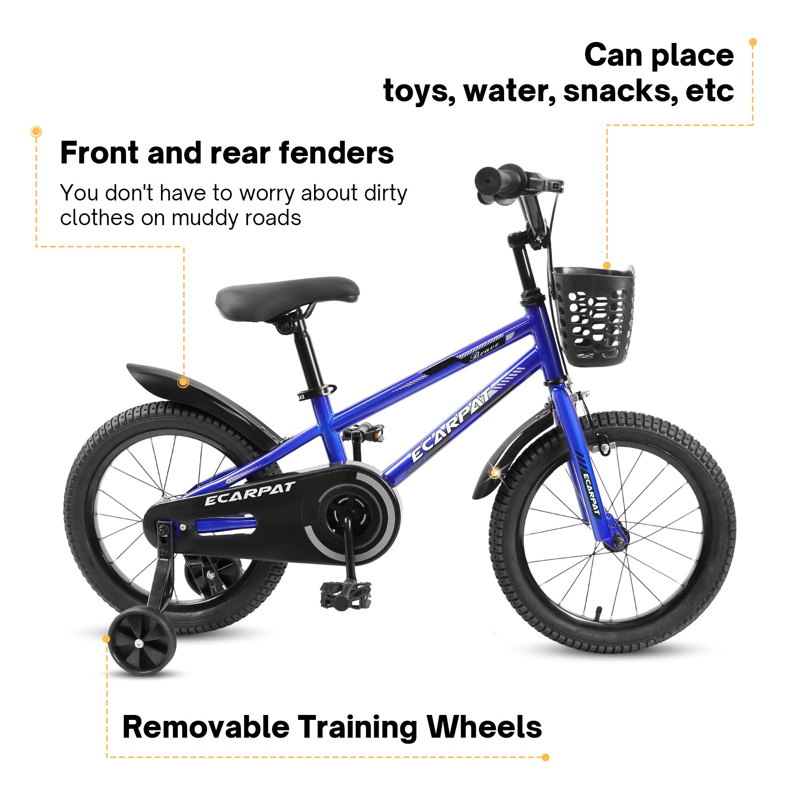 Kids Bike 16 Inch For Boys & Girls With Training Wheels, Freestyle Kids' Bicycle With Bell,Basket And Fender. Blue Steel