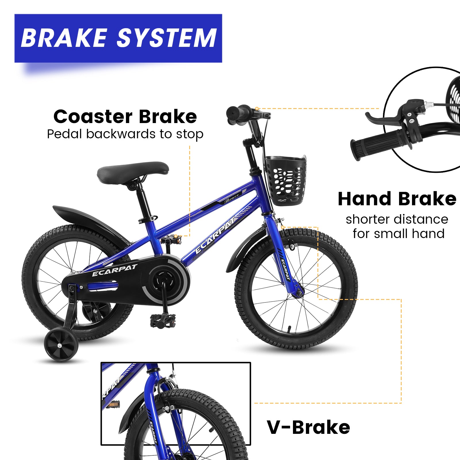 Kids Bike 16 Inch For Boys & Girls With Training Wheels, Freestyle Kids' Bicycle With Bell,Basket And Fender. Blue Steel