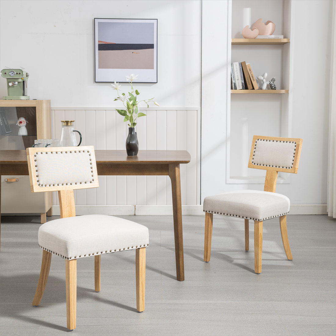 Heng Ming T Back Dining Chair, With Rivet Decoration Adjustment Mat, Suitable For Dining Room, Kitchen, Balcony, Bedroom,Set Of 2 Beige Fabric