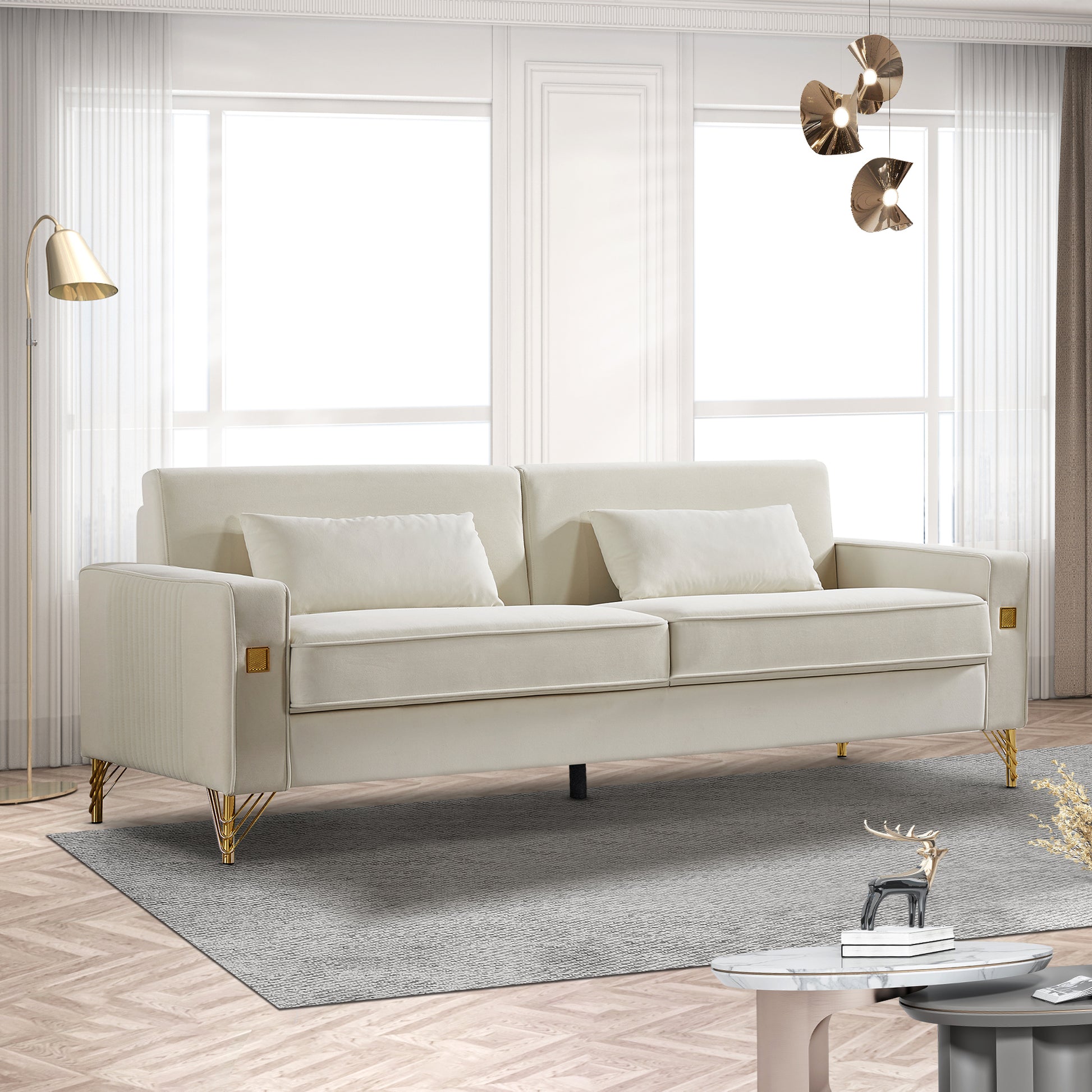 85.44" Modern Velvet Couch With Gold Legs,Upholstered Sofa For Living Room White Cushion Back Modern Eucalyptus Square Arms Velvet