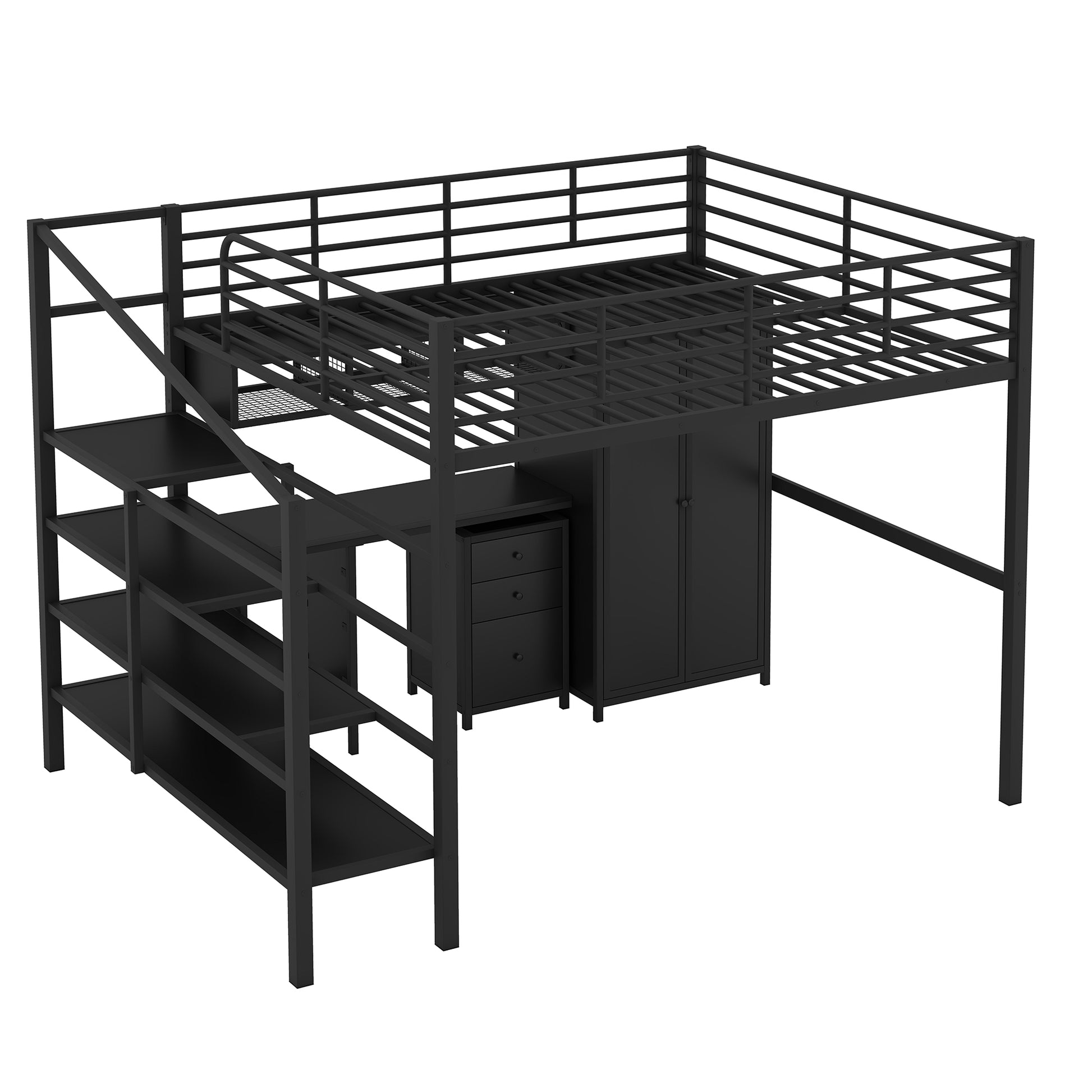 Metal Loft Bed With Table Set And Wardrobe, Full, Black Black Metal