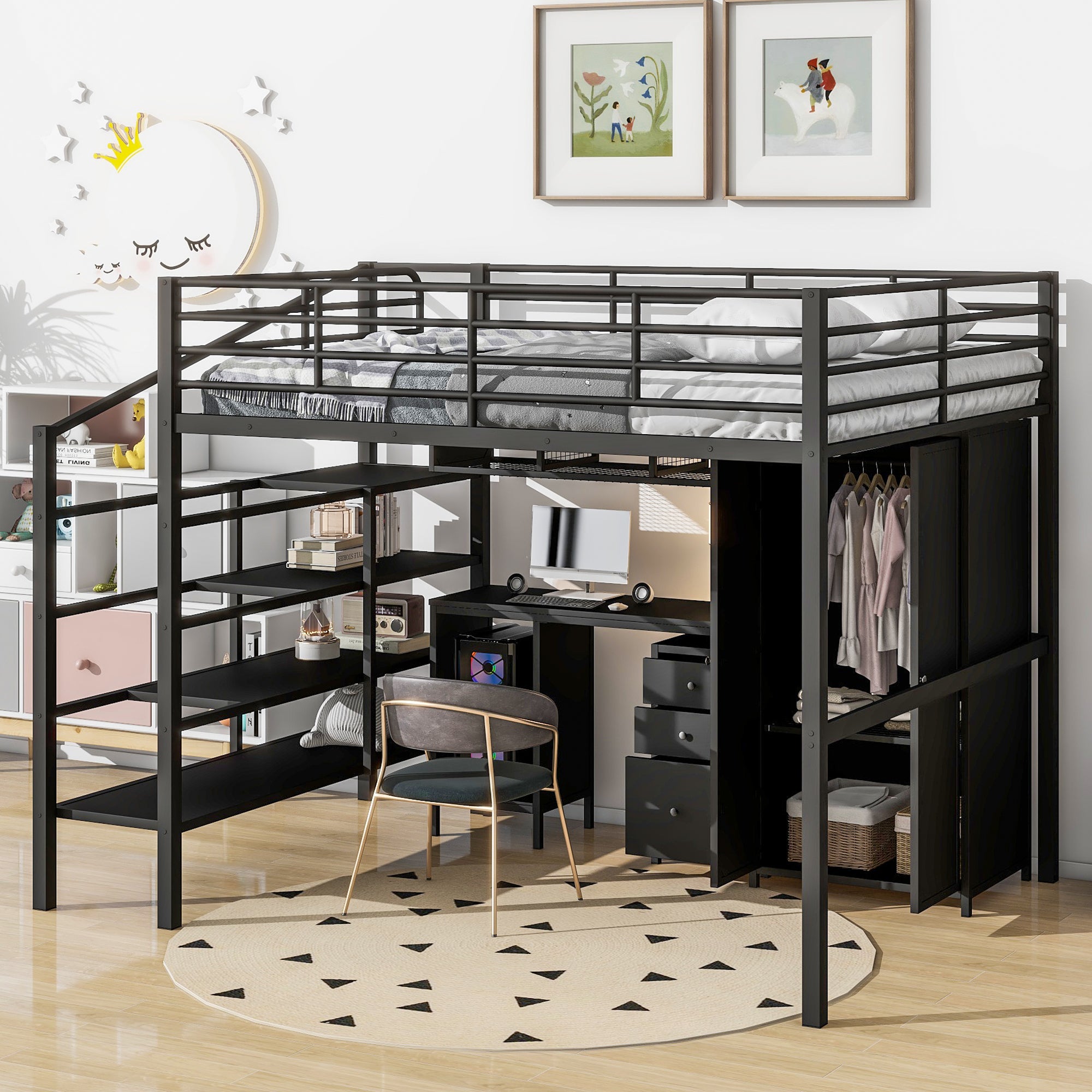 Metal Loft Bed With Table Set And Wardrobe, Full, Black Black Metal