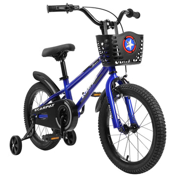 Kids Bike 16 Inch For Boys & Girls With Training Wheels, Freestyle Kids' Bicycle With Bell,Basket And Fender. Blue Steel