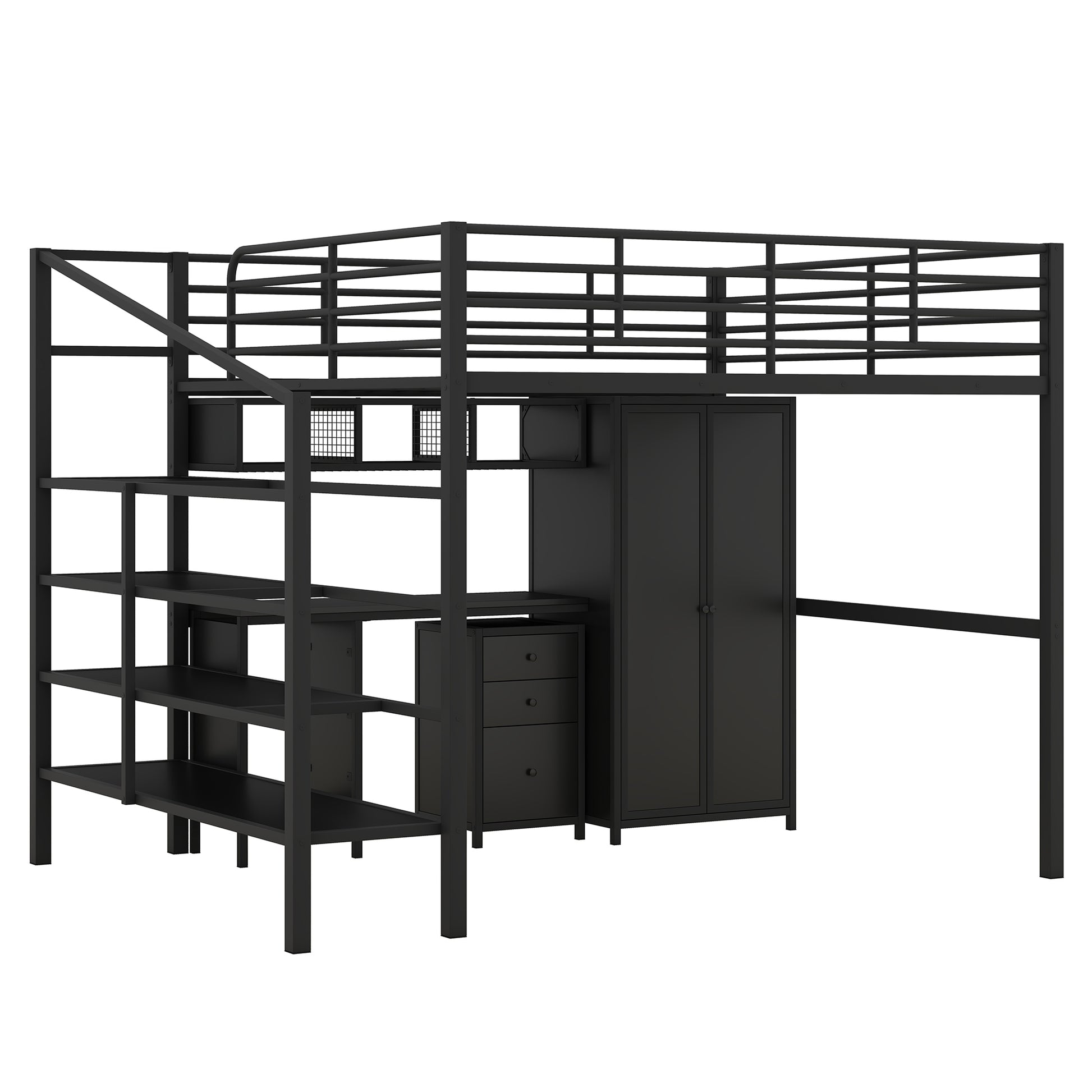 Metal Loft Bed With Table Set And Wardrobe, Full, Black Black Metal