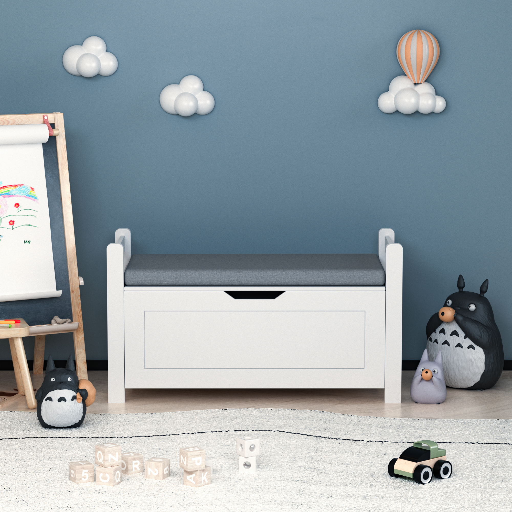 Kids Toy Box Chest, White Rubber Wood Toy Box for Boys white-mdf