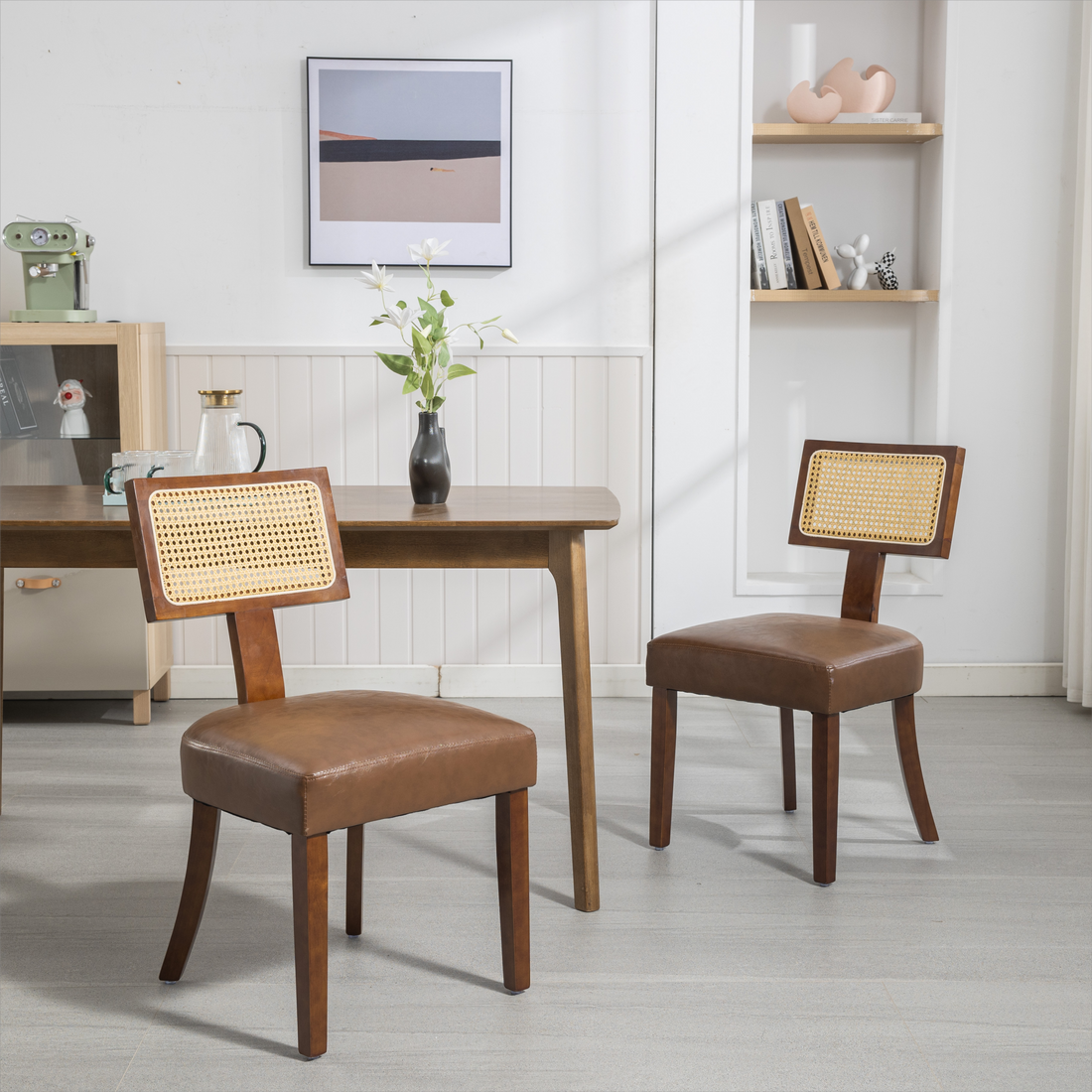 Heng Ming T Back Imitation Rattan Dining Chair, Pu Cushion With Adjustable Foot Cushion, Suitable For Kitchen, Dining Room, Balcony, Bedroom,Set Of 2 Brown Pvc