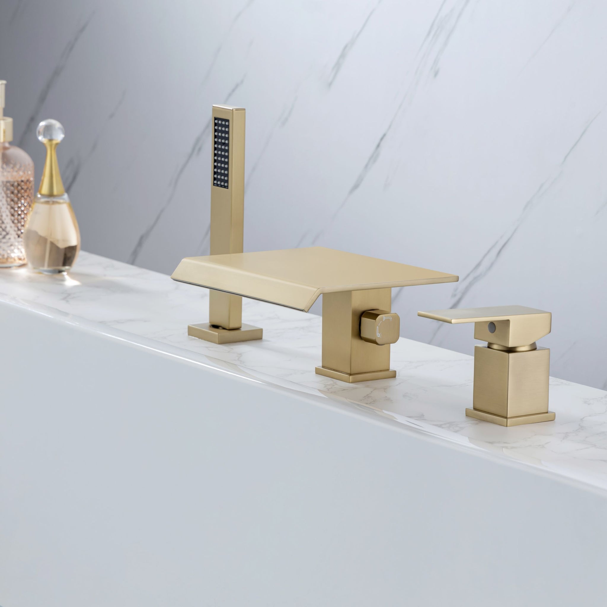 Waterfall Roman Tub Faucet with Hand Shower High Flow one-brushed gold-deck-mounted-cartridge