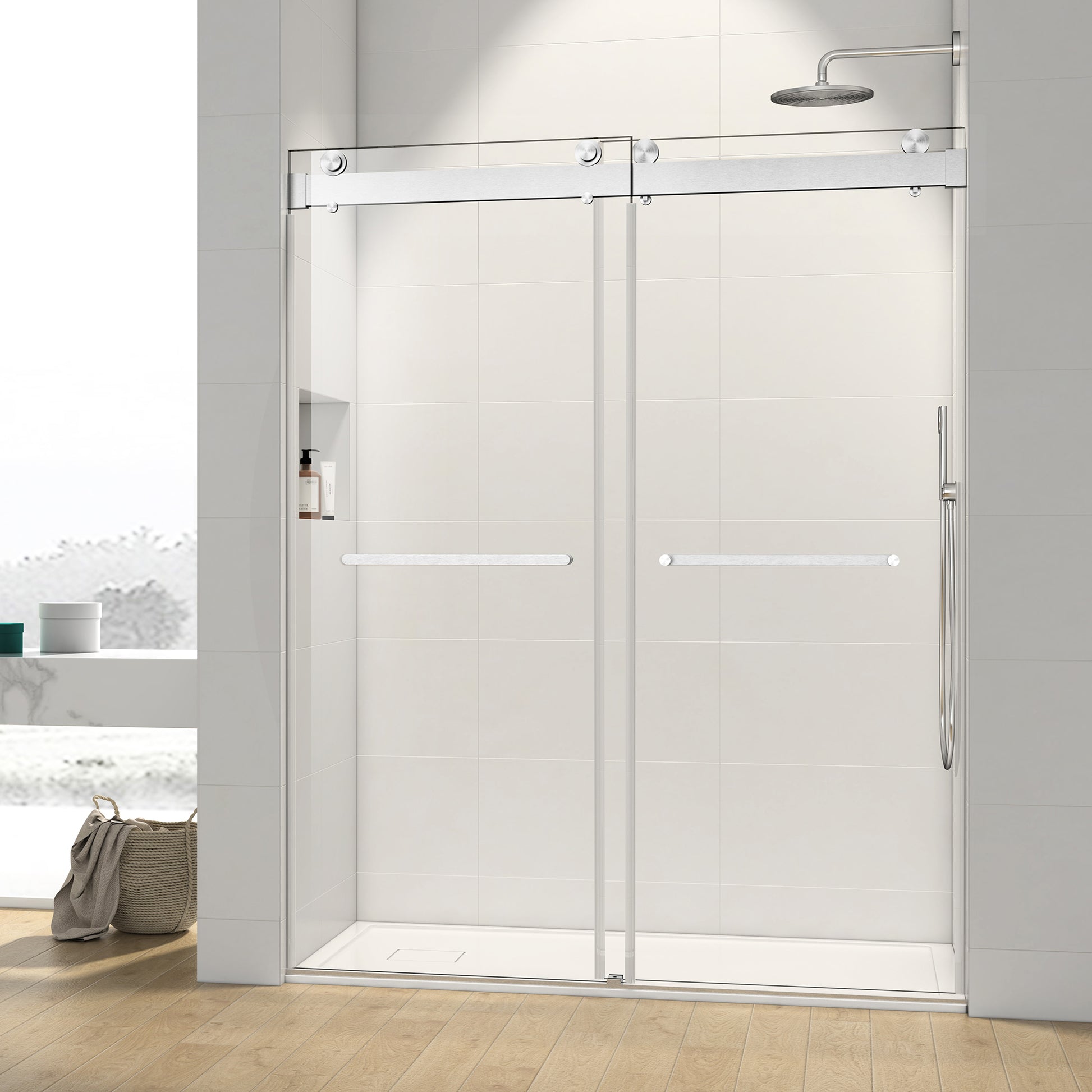 56 60 In. W X 76 In. H Sliding Frameless Soft Close Shower Door With Premium 3 8 Inch 10Mm Thick Tampered Glass In Chrome 23D02 60C Chrome Stainless Steel