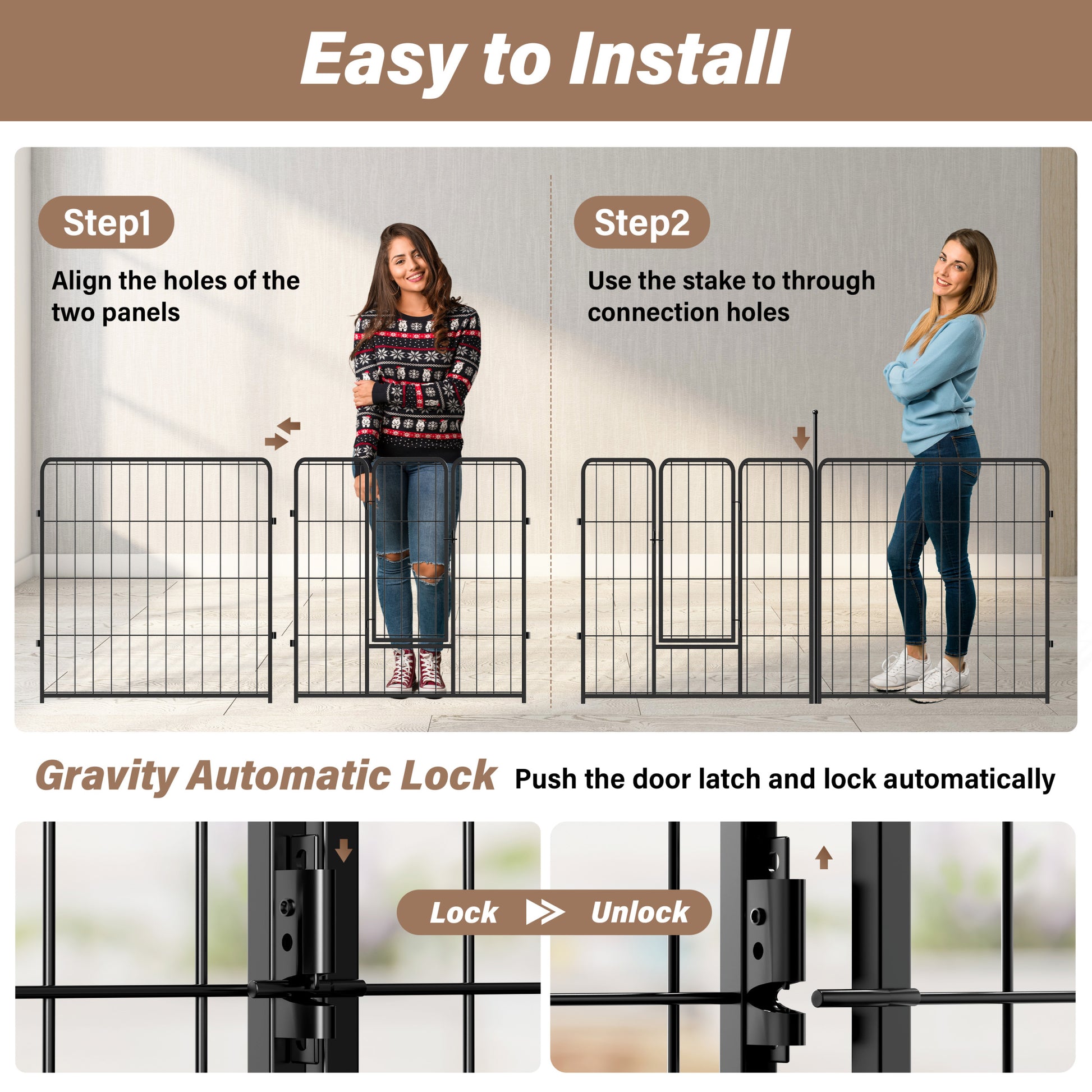 Dog Playpen Indoor Outdoor, 24" Height 8 Panels Fence With Anti Rust Coating, Metal Heavy Portable Foldable Dog Pen For Large, Medium Small Dogs Rv Yard Camping Black Metal