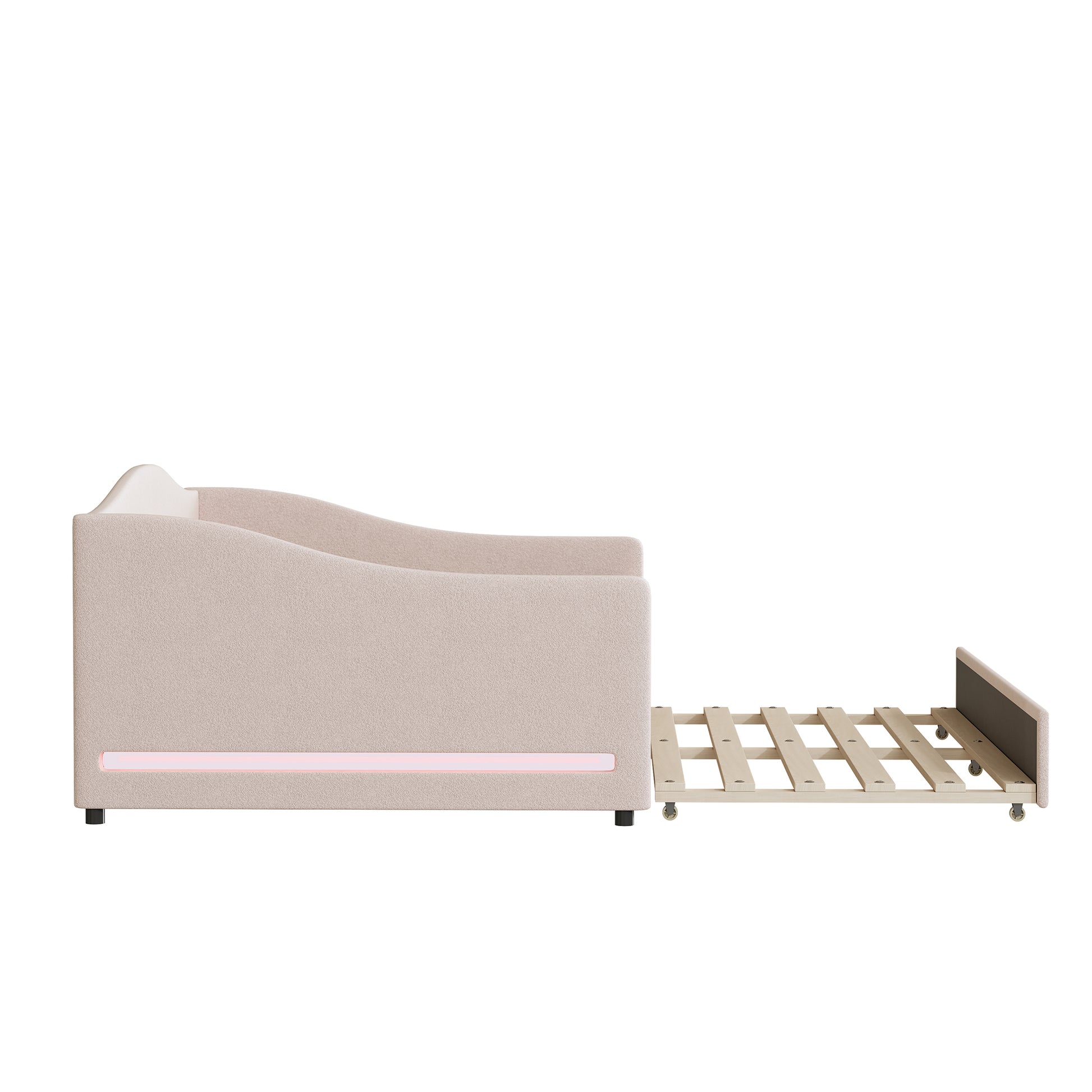 Teddy Fleece Full Size Upholstered Daybed With Light And Trundle, Beige Full Beige Fleece