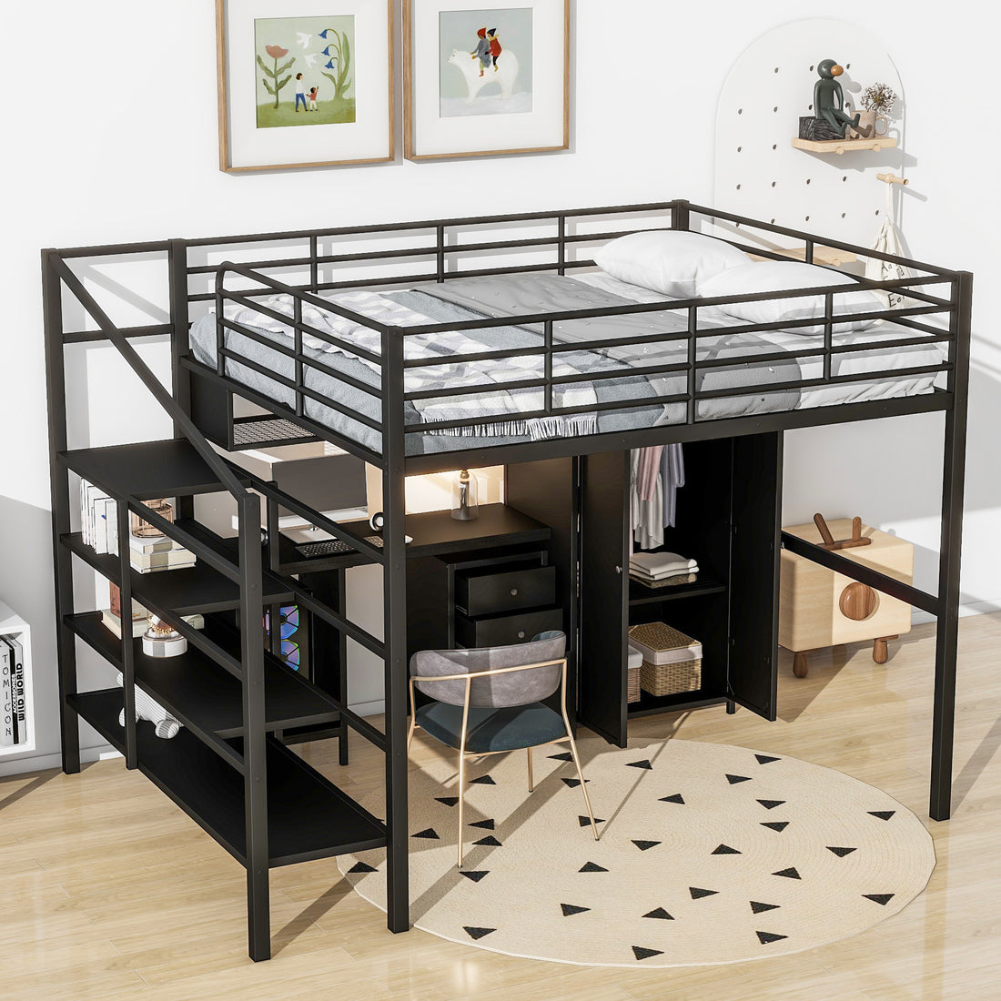 Metal Loft Bed With Table Set And Wardrobe, Full, Black Black Metal