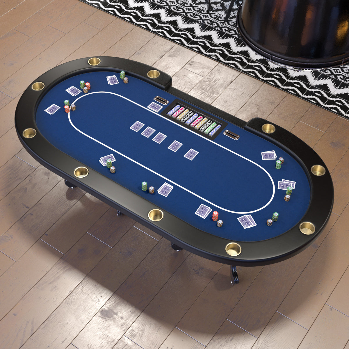 96" Oval Blue Aura Texas Holdem Poker Table Curved Legs Casino Dropbox Blue Wood