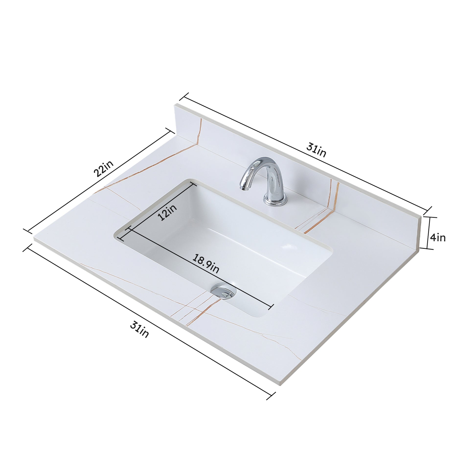 31Inchsintered Stone Bathroom Vanity Top White Gold Color With Undermount Ceramic Sink And Single Faucet Hole With Backsplash White Sintered Stone