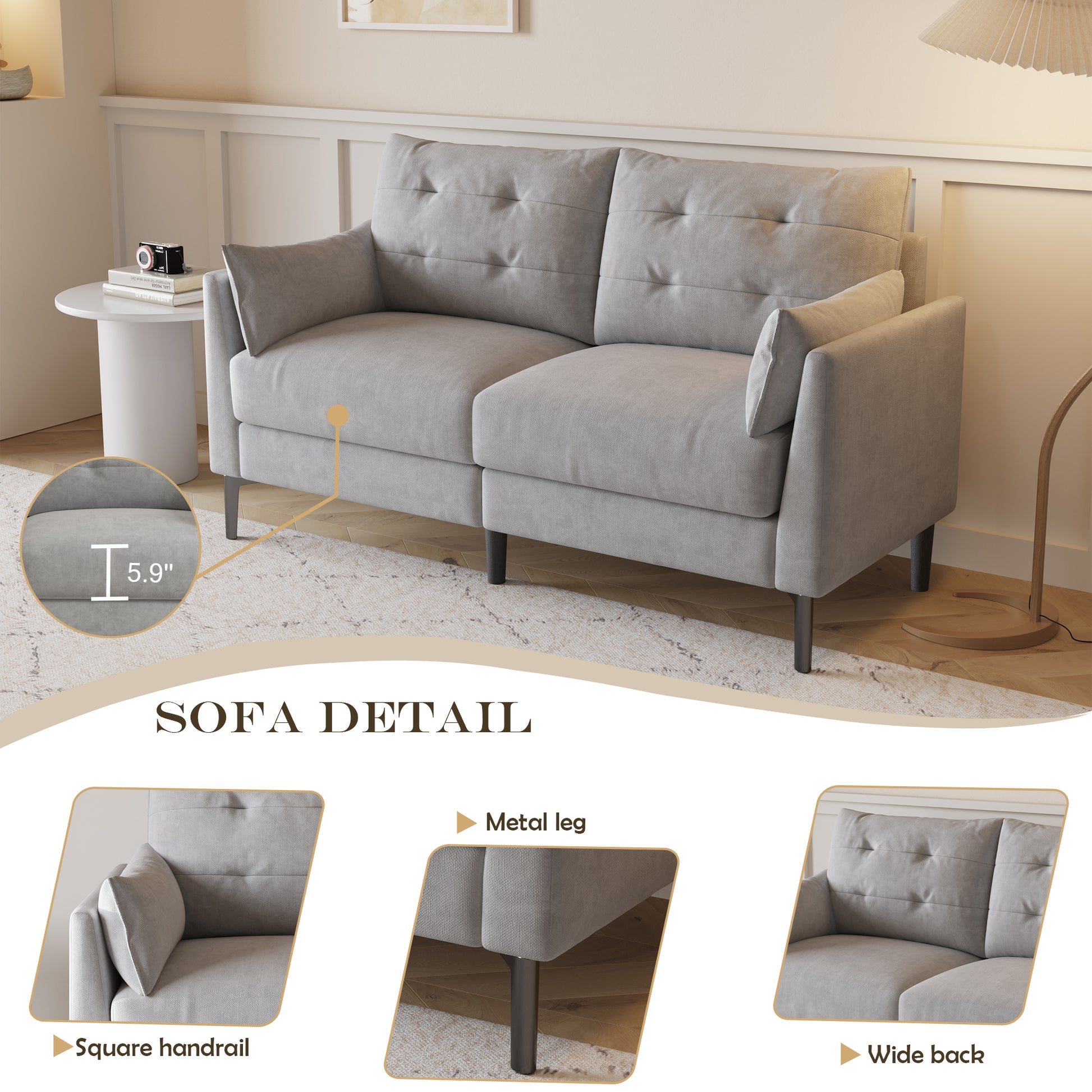 57.5 "Cotton Linen Light Grey Double Sofa Metal Feet Plastic Feet Thick Cushion With Two Armrests Light Grey Polyester Blend