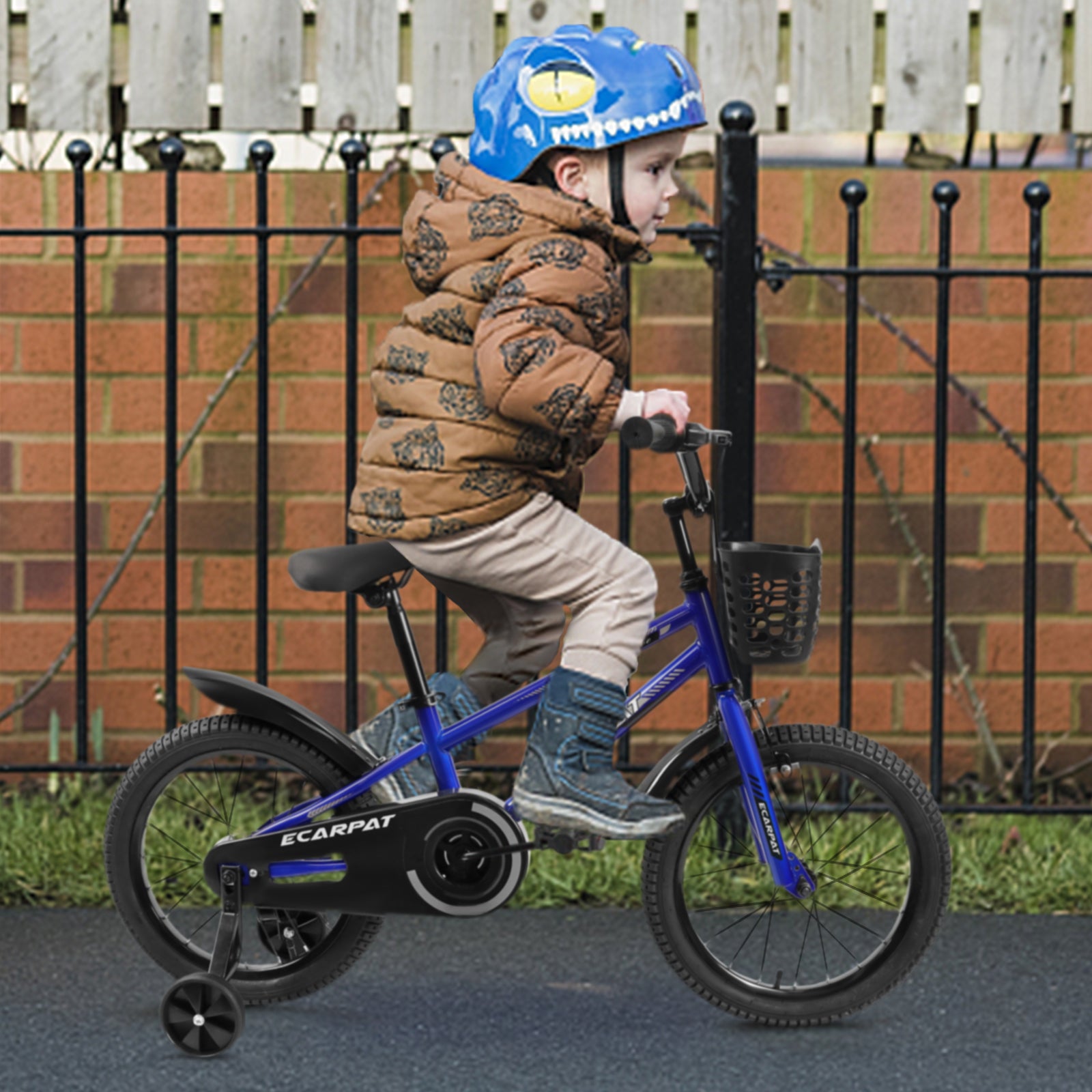 Kids Bike 16 Inch For Boys & Girls With Training Wheels, Freestyle Kids' Bicycle With Bell,Basket And Fender. Blue Steel