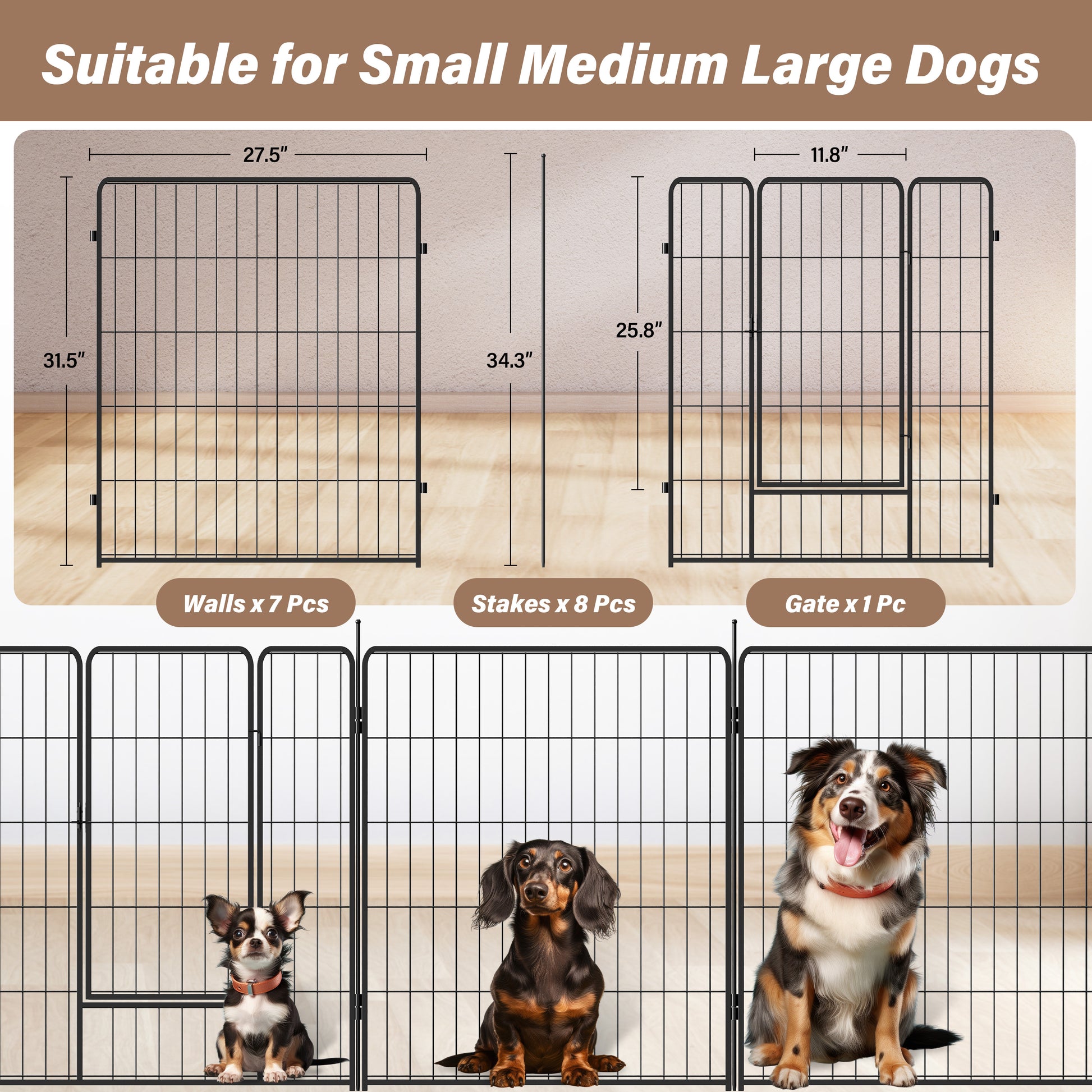 Dog Playpen Indoor Outdoor, 32" Height 8 Panels Fence With Anti Rust Coating, Metal Heavy Portable Foldable Dog Pen For Large, Medium Small Dogs Rv Yard Camping Black Metal