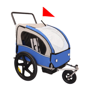 2 In 1 Double 2 Seat Bicycle Bike Trailer Jogger Stroller For Kids Children Foldable Collapsible W Pivot Front Wheel Blue Gray Fabric Steel