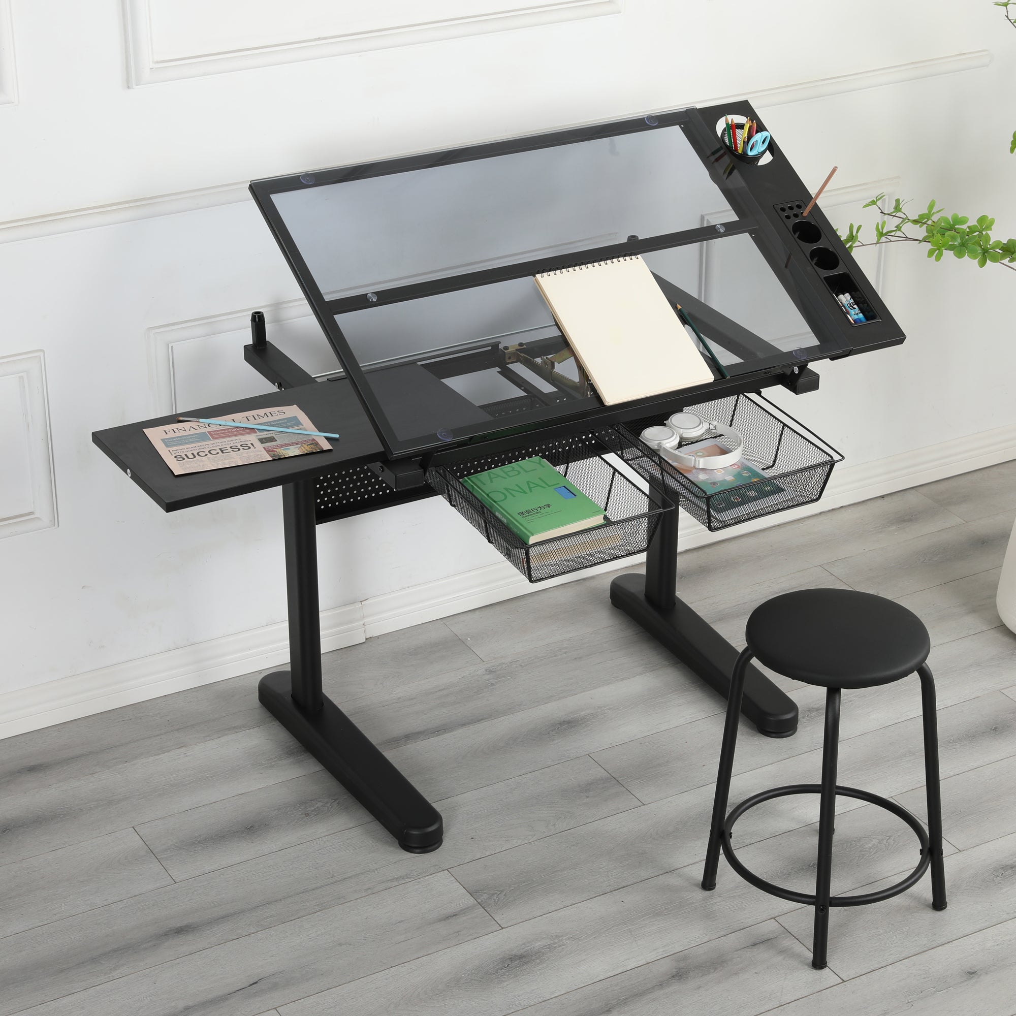 hand crank adjustable drafting table drawing desk with black-tempered glass+sheet metal+plastic