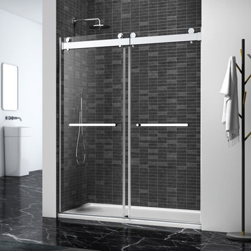 56 60 In. W X 76 In. H Sliding Frameless Soft Close Shower Door With Premium 3 8 Inch 10Mm Thick Tampered Glass In Chrome 23D02 60C Chrome Stainless Steel