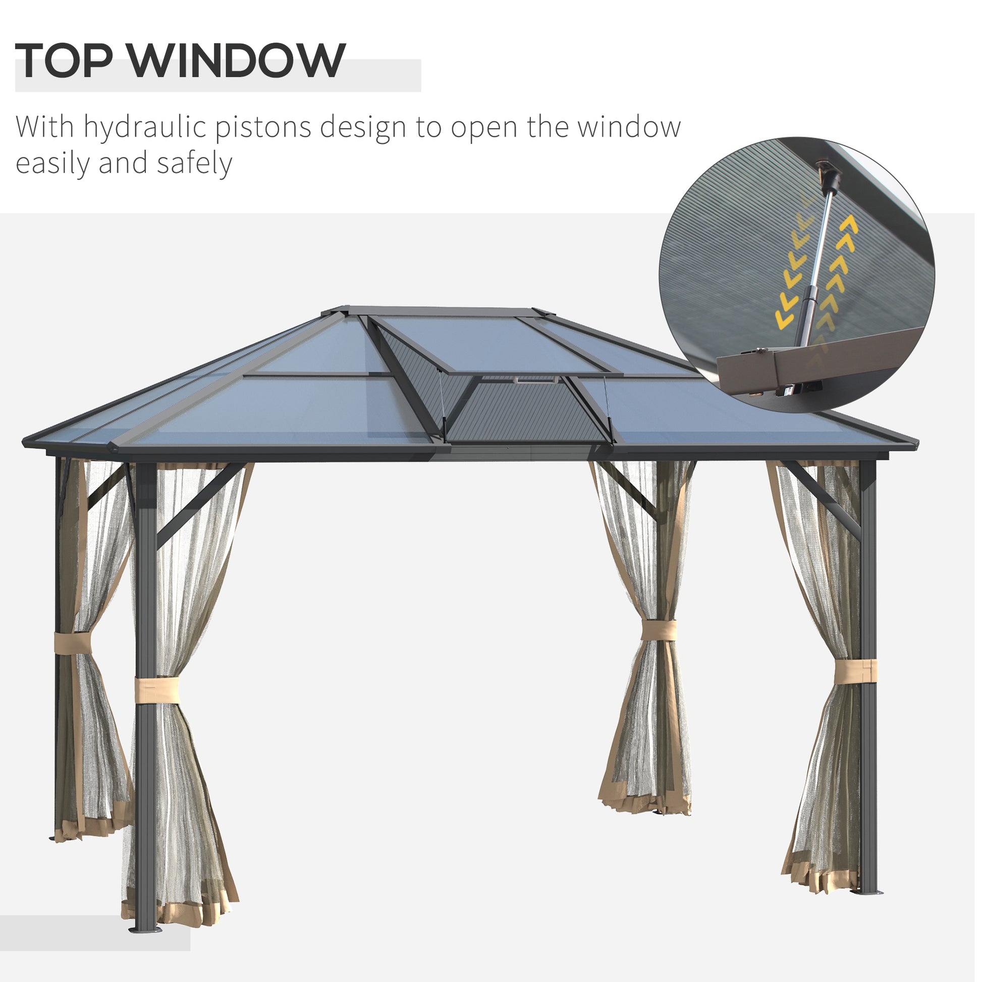 10' X 12' Hardtop Gazebo Canopy With Polycarbonate Roof, Top Vent And Aluminum Frame, Permanent Pavilion Outdoor Gazebo With Netting, For Patio, Garden, Backyard, Deck, Lawn Gray Metal