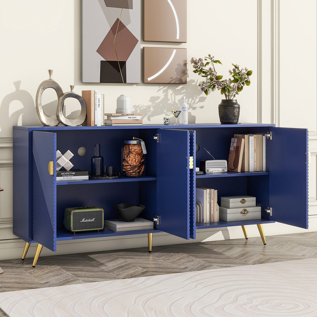 Tv Stand For 60 Inch Tv, Entertainment Center Tv Media Console Table, Modern Tv Stand With Storage, Tv Console Cabinet Furniture For Living Room Navy Blue Mdf