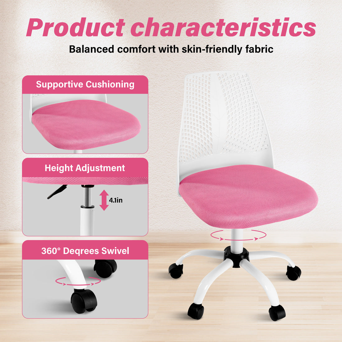 Ergonomic Office And Home Chair With Supportive Cushioning, Pink & White White Pink Nylon Mesh Plastic