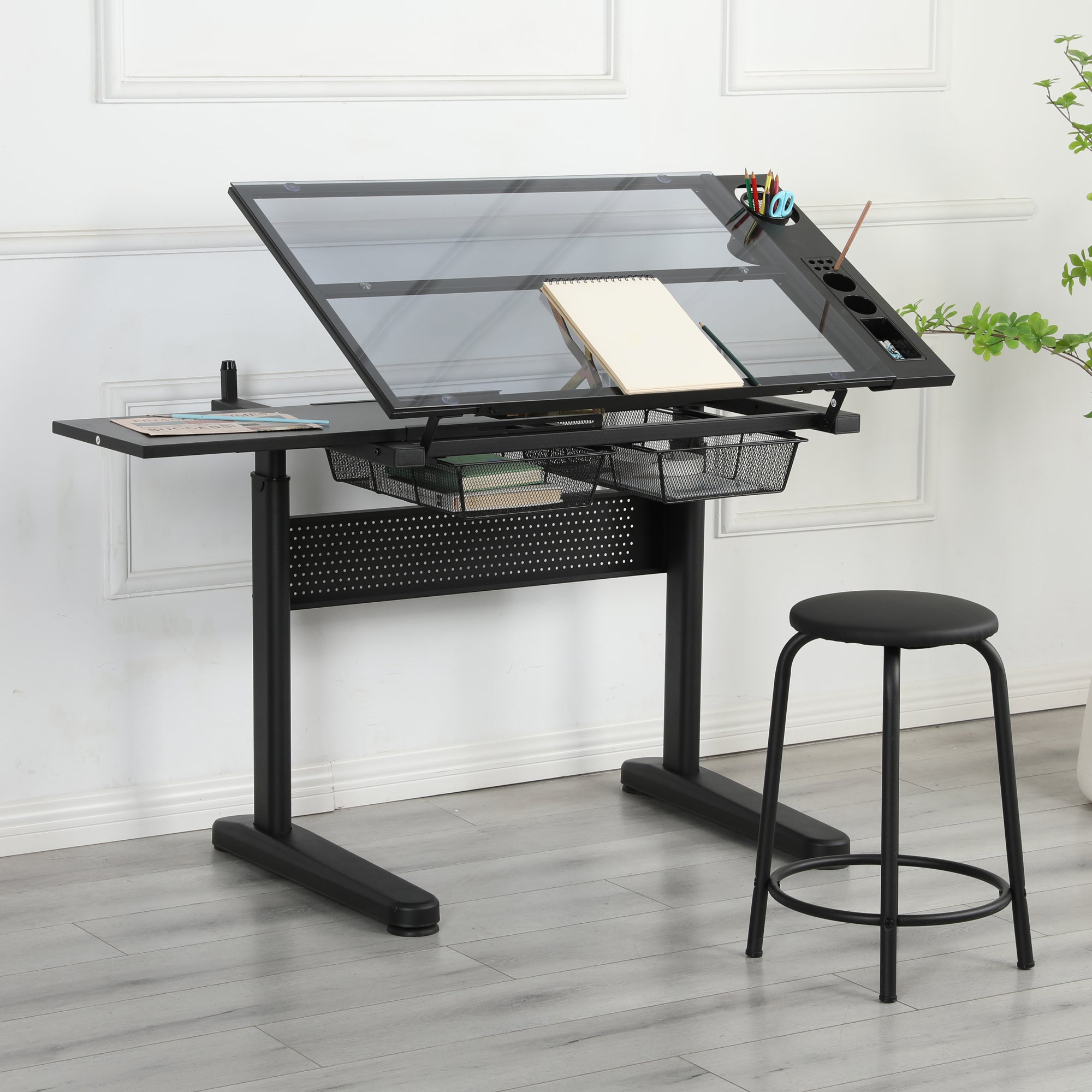 hand crank adjustable drafting table drawing desk with black-tempered glass+sheet metal+plastic