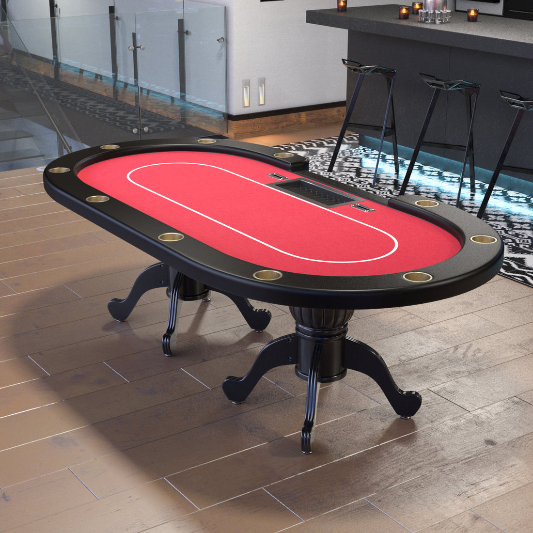 96" Oval Red Aura Texas Holdem Poker Table Curved Legs Casino Dropbox Red Wood