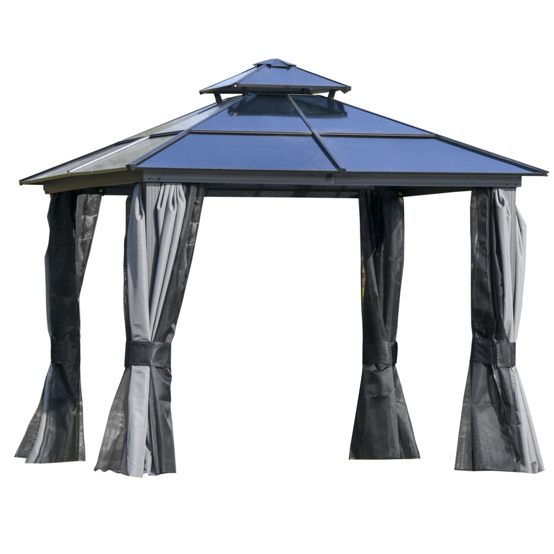 10' X 10' Hardtop Gazebo Canopy With Polycarbonate Double Roof, Aluminum Frame, Permanent Pavilion Outdoor Gazebo With Netting And Curtains For Patio, Garden, Backyard, Deck, Lawn, Gray Dark Grey Steel