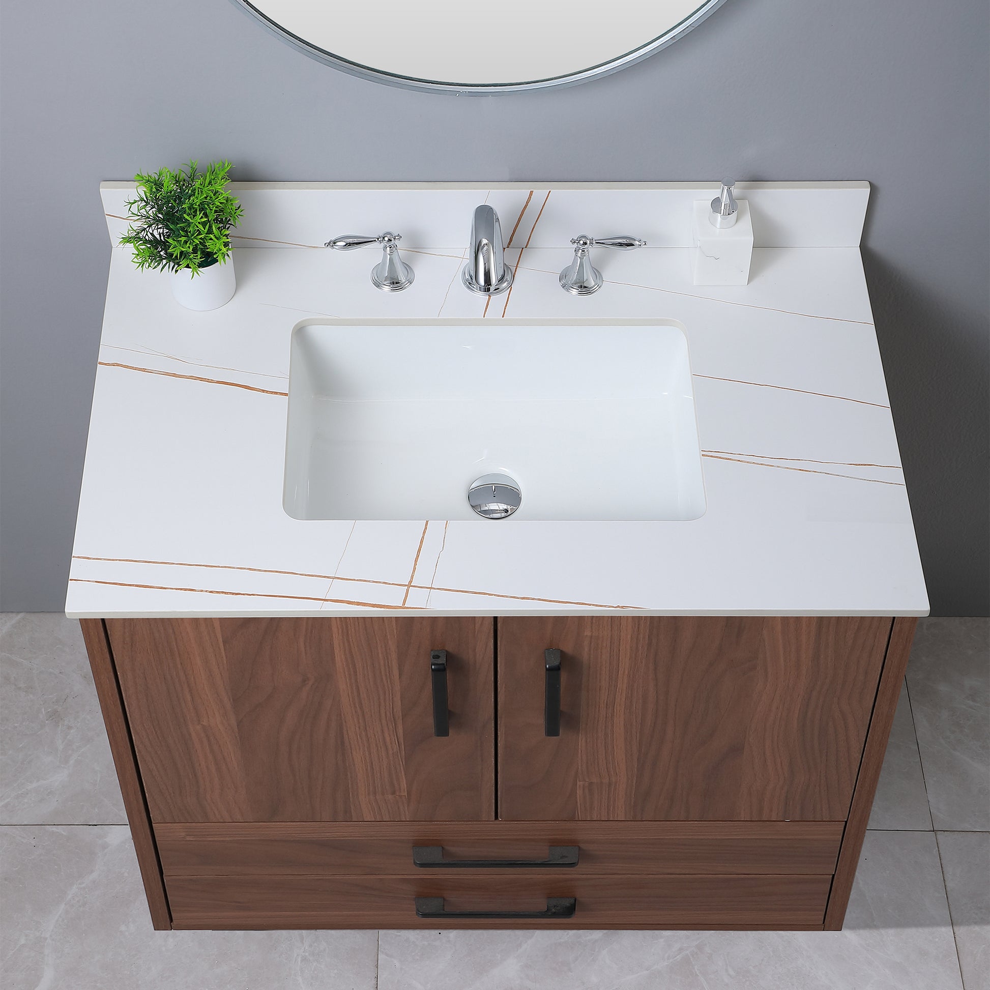 37Inch Bathroom Vanity Top Stone White Gold Style Tops With Rectangle Undermount Ceramic Sink And Three Faucet Hole White Sintered Stone