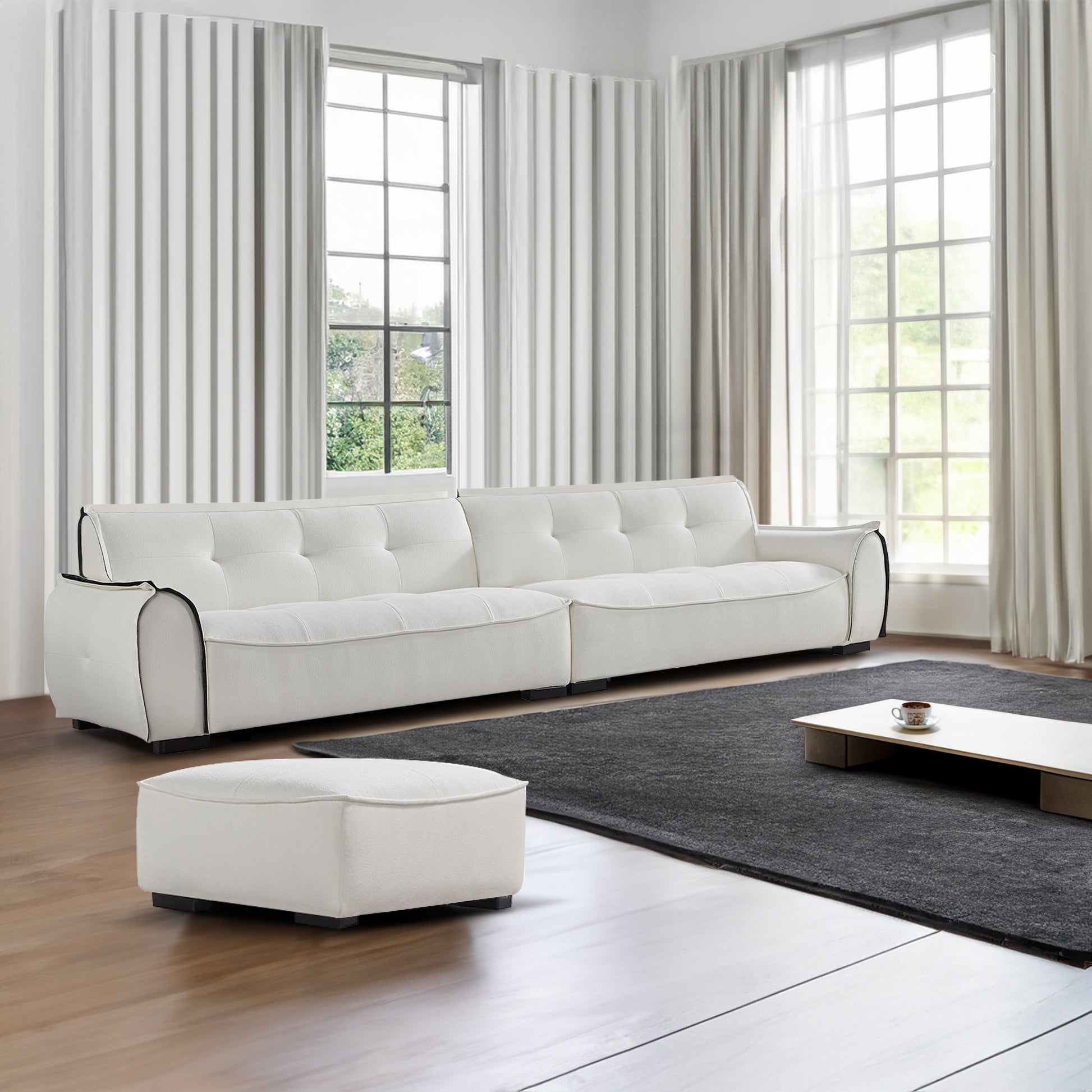 137.80" Chenille Sofa,4 Seater Modern Sofa Couch With Ottoman,Comfy Upholstered Sofa For Living Room White Chenille Wood Eucalyptus Foam 4 Seat