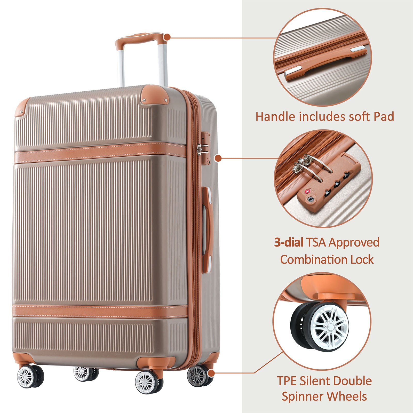 Hardshell Luggage Sets 3 Piece double spinner 8 wheels coppery-abs