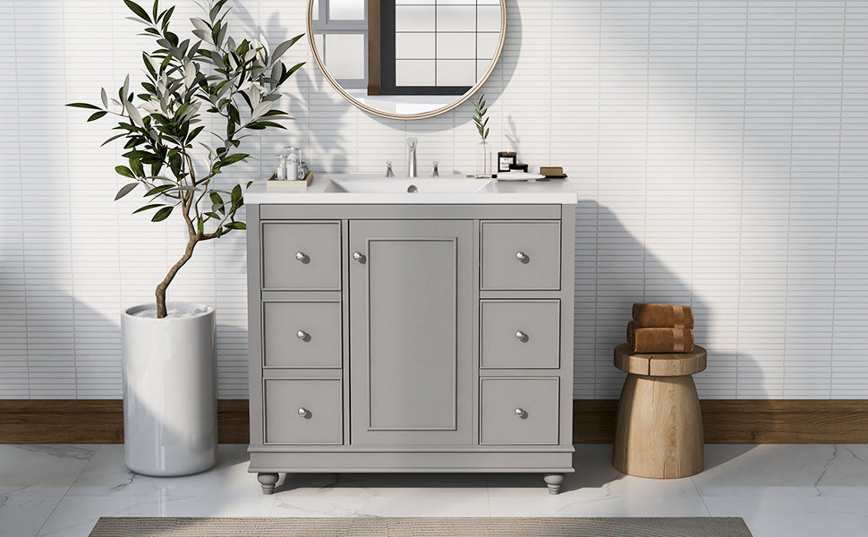 Contemporary Gray Bathroom Vanity Cabinet 36X18X34 Inches, 4 Drawers & 1 Cabinet Door, Multipurpose Storage, Resin Integrated Sink, Adjustable Shelves, Solid Wood Frame With Mdf Gray Modern Solid Wood Mdf Resin