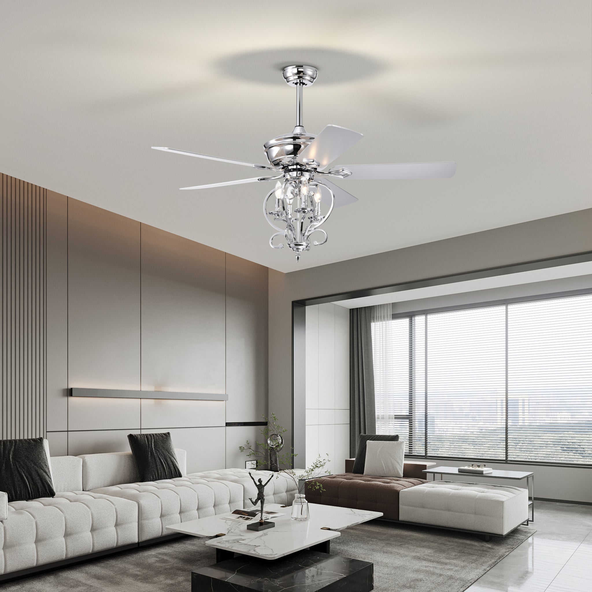 52 inch 4 Lights Ceiling Fan with 5 Wood Blades, Two silver-traditional-wood-metal