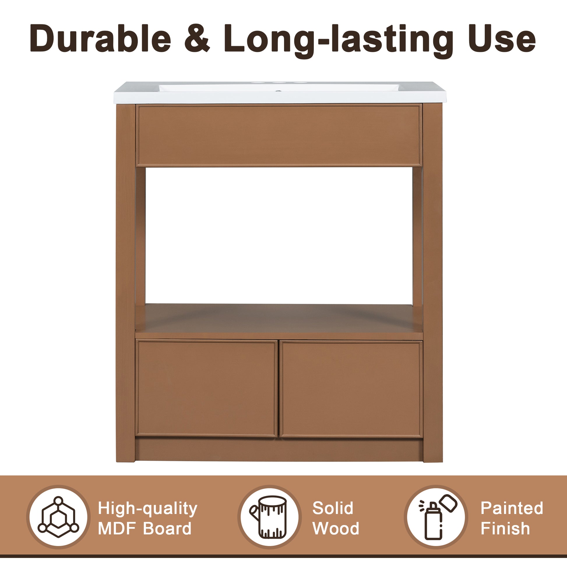 30" Bathroom Vanity Without Sink Top, Cabinet Base Only, Open Storage Shelf And Two Drawers, Brown Brown Solid Wood Mdf