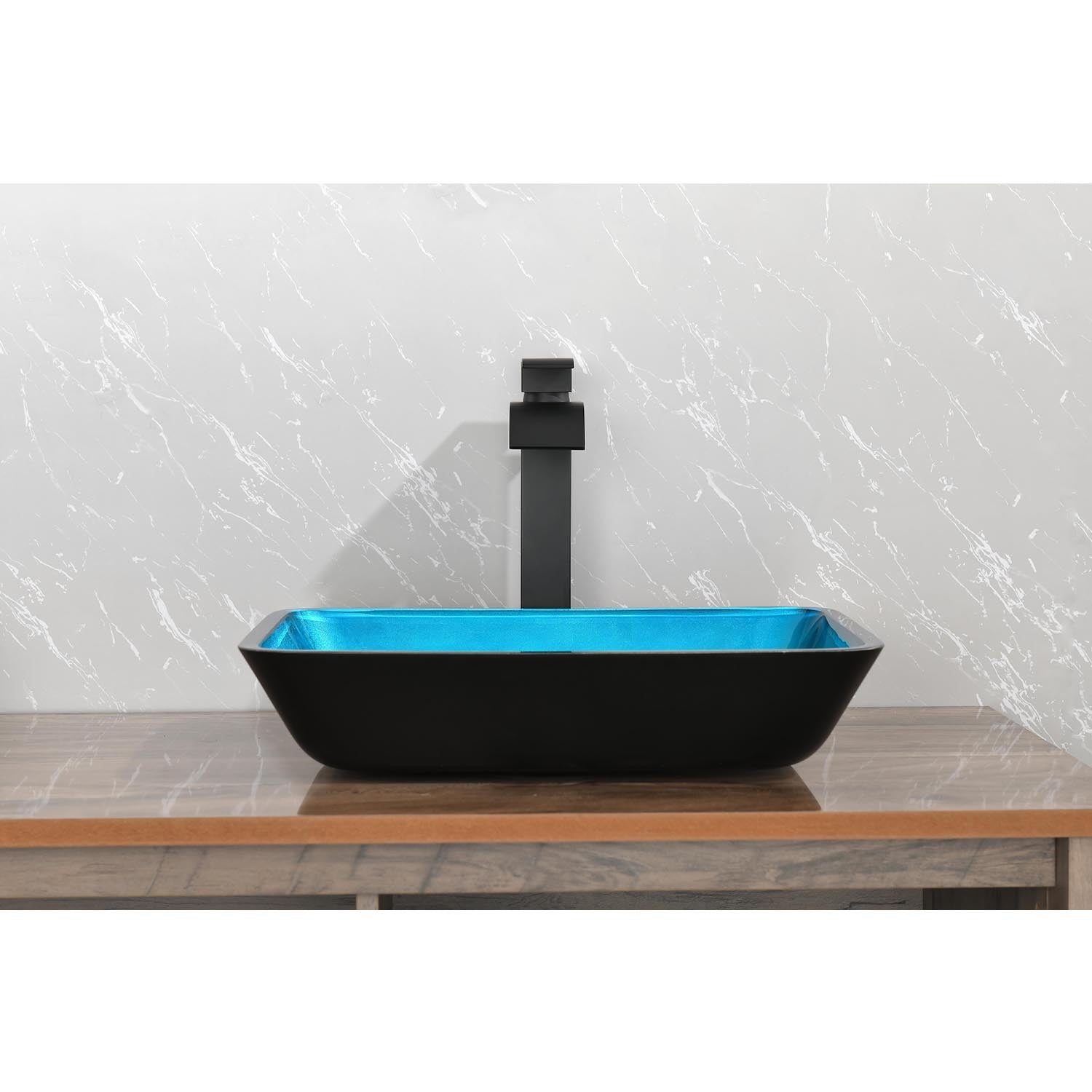 18.125" L 13.0" W 4 1 8" H Handmade Countertop Glass Rectangular Vessel Bathroom Sink Set In Turquoise Finish With Matte Black Single Handle Single Hole Faucet And Pop Up Drain Turquoise Glass